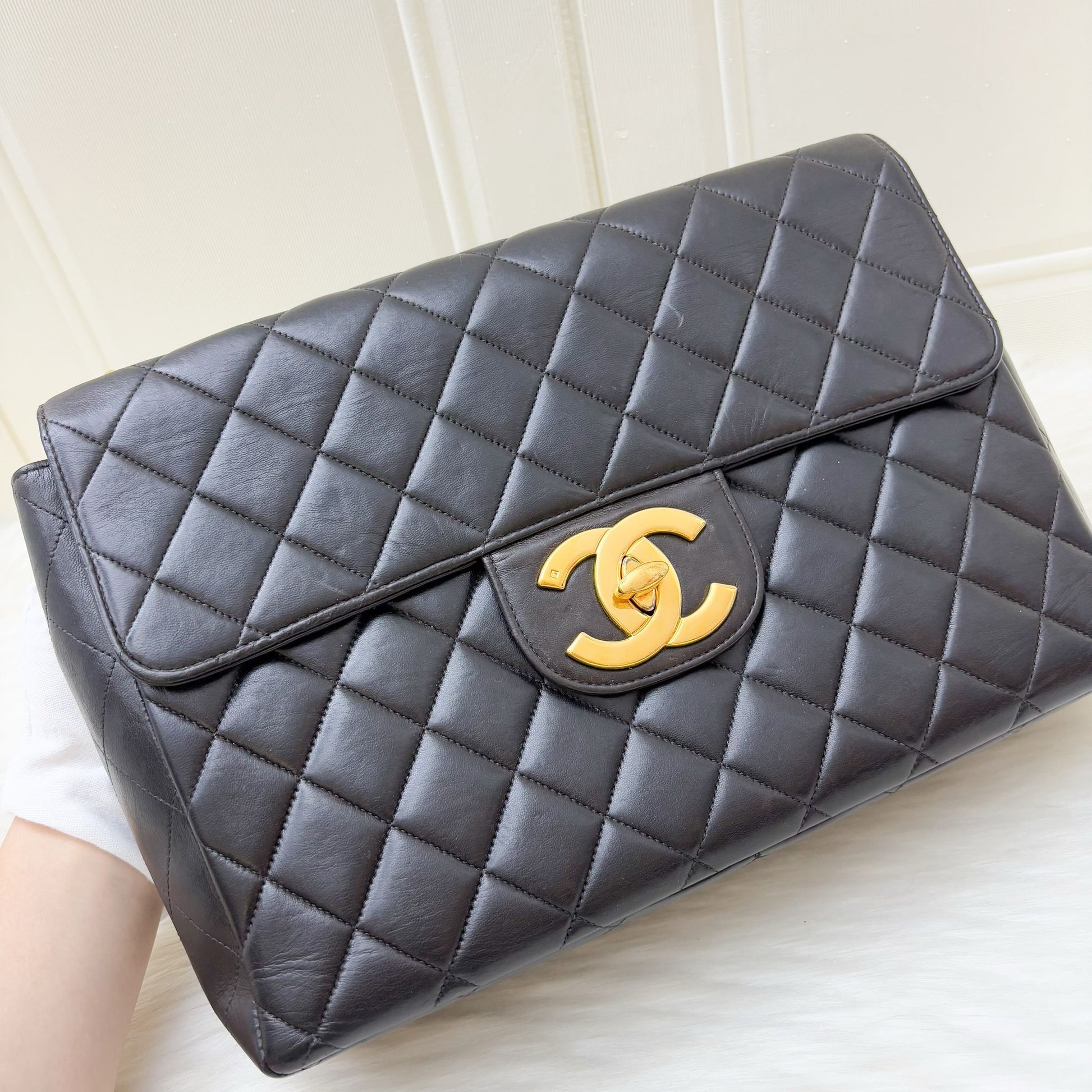 Chanel Jumbo Maxi Flap With Xl Cc Logo In Black Lambskin And 24K Gold-Plated Hw Bag
