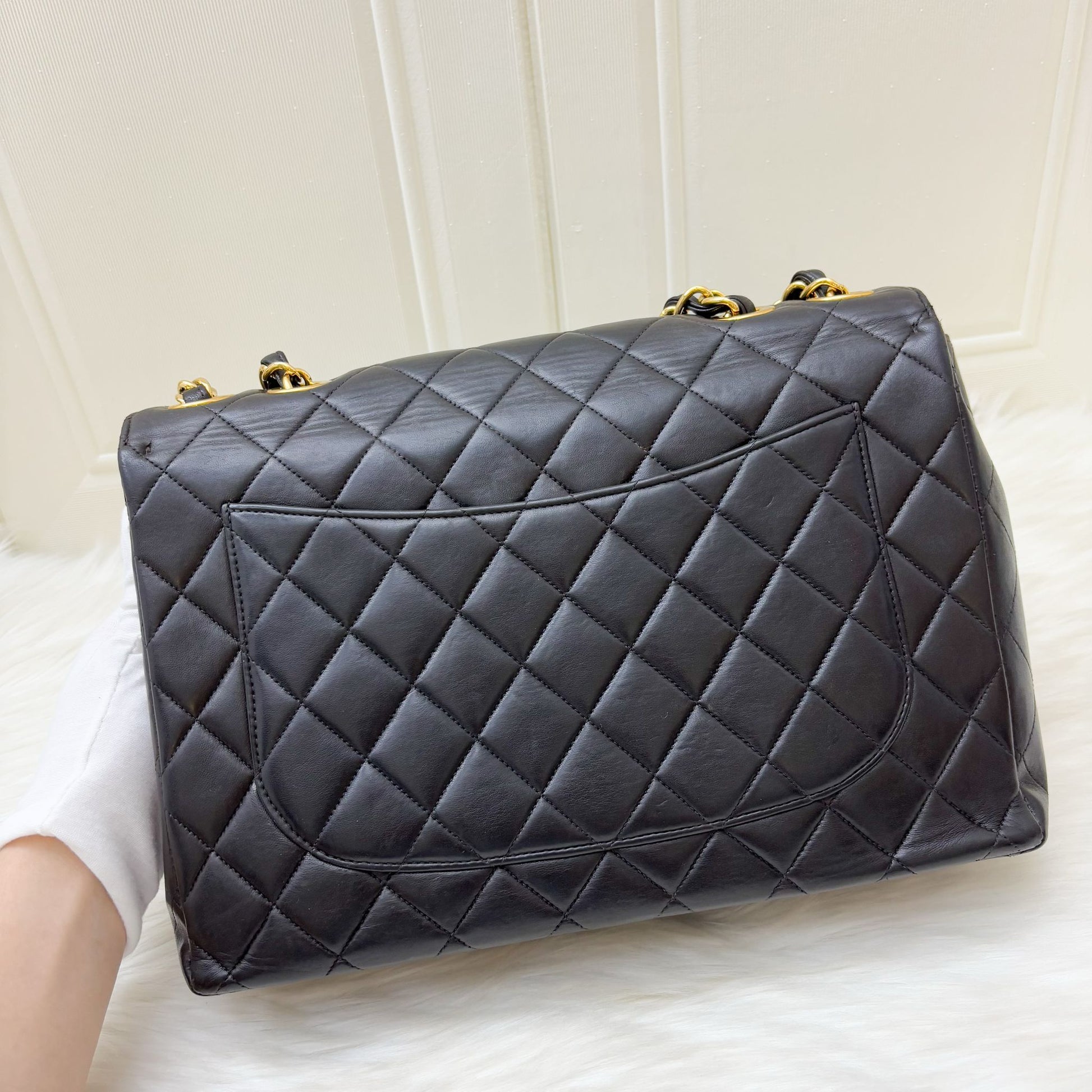 Chanel Jumbo Maxi Flap With Xl Cc Logo In Black Lambskin And 24K Gold-Plated Hw Bag