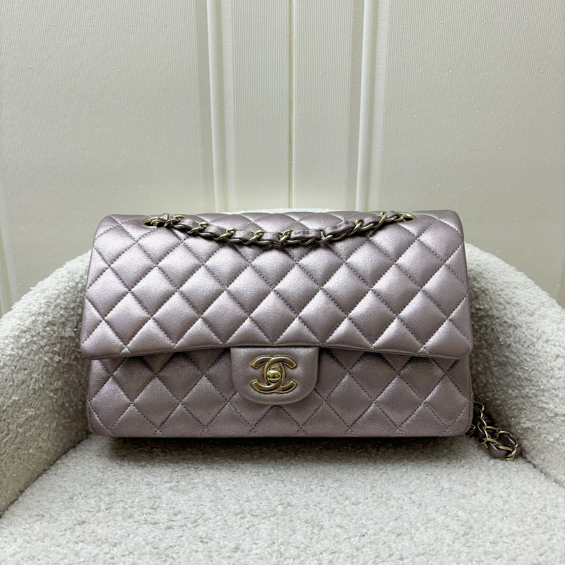 Chanel Medium Classic Flap Cf In Metallic Pink Leather And Lghw Bag
