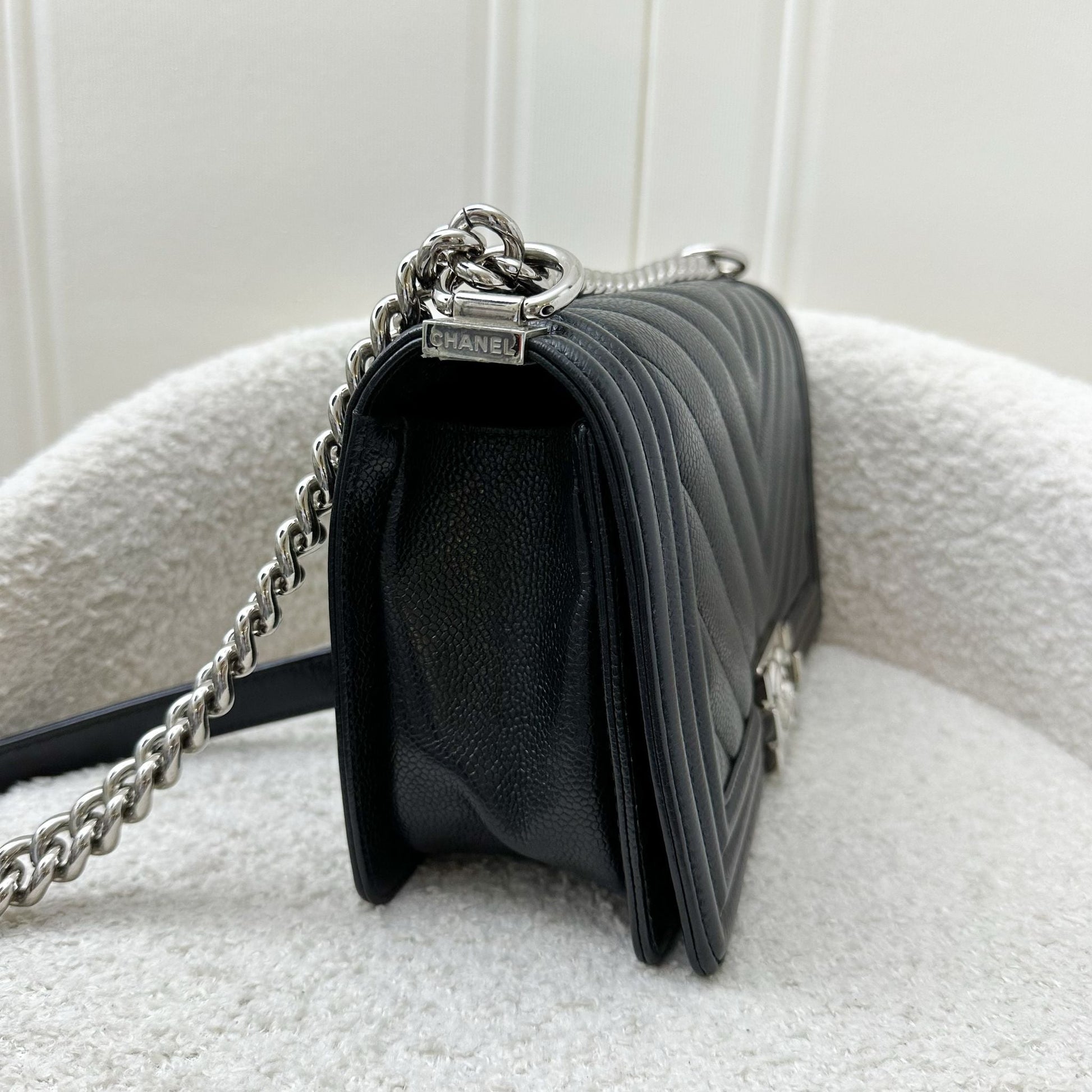 Chanel Medium 25CM Boy Flap in Chevron Quilted Black Caviar and Shw Handbag