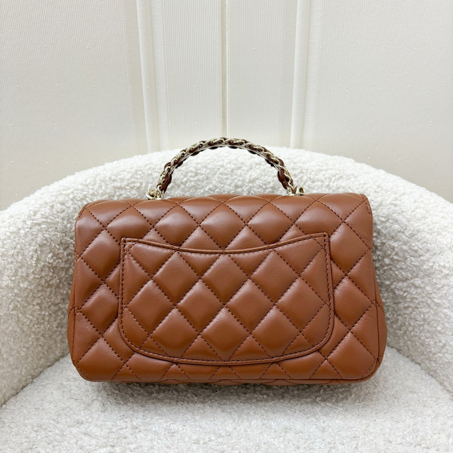Chanel 23A Mini Rectangle Flap With Crystals Top Handle In Cognac Brown Lambskin And Lghw Bag