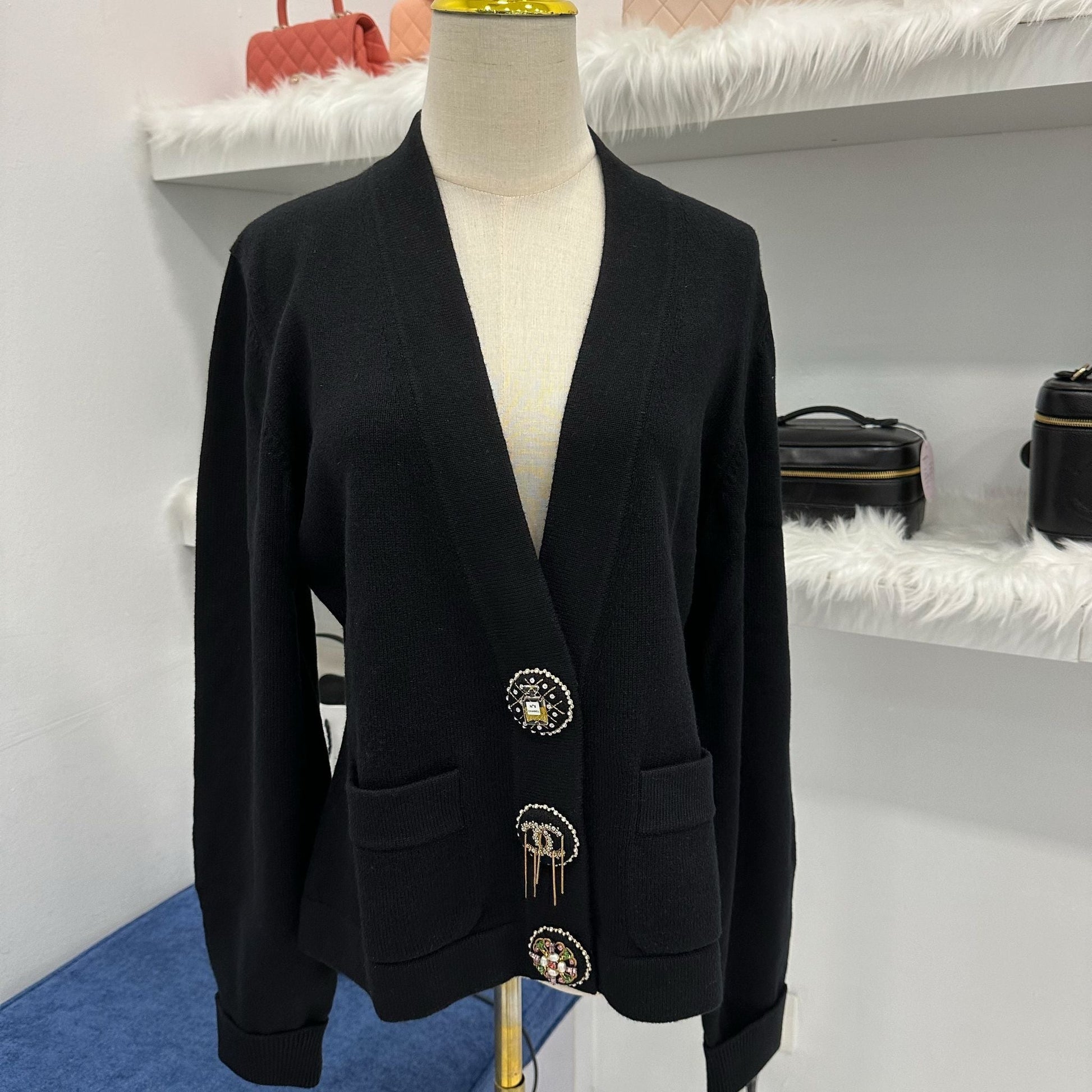 Chanel 22A Runway Cardigan in Black Cashmere with Embellished Buttons Sz 44 Handbag