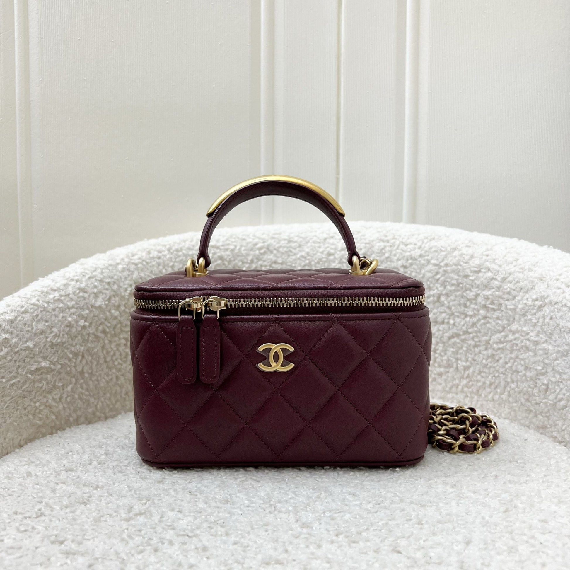 Chanel Top Handle Small Vanity in Burgundy Lambskin and Aghw Handbag