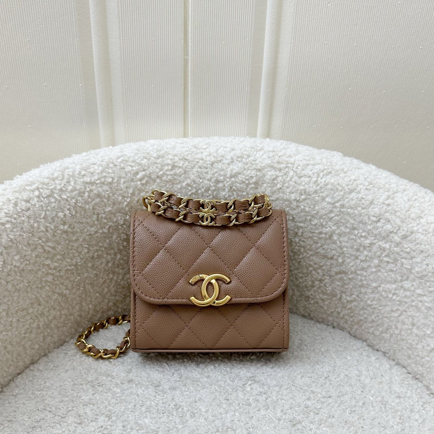 Chanel 22K Coco First Mini Clutch with Chain in Dark Milk Tea Beige Caviar Lghw