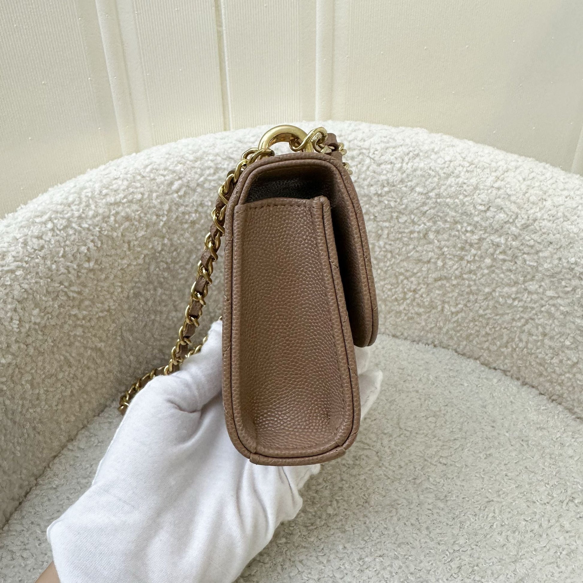 Chanel 22K Coco First Mini Clutch with Chain in Dark Milk Tea Beige Caviar Lghw