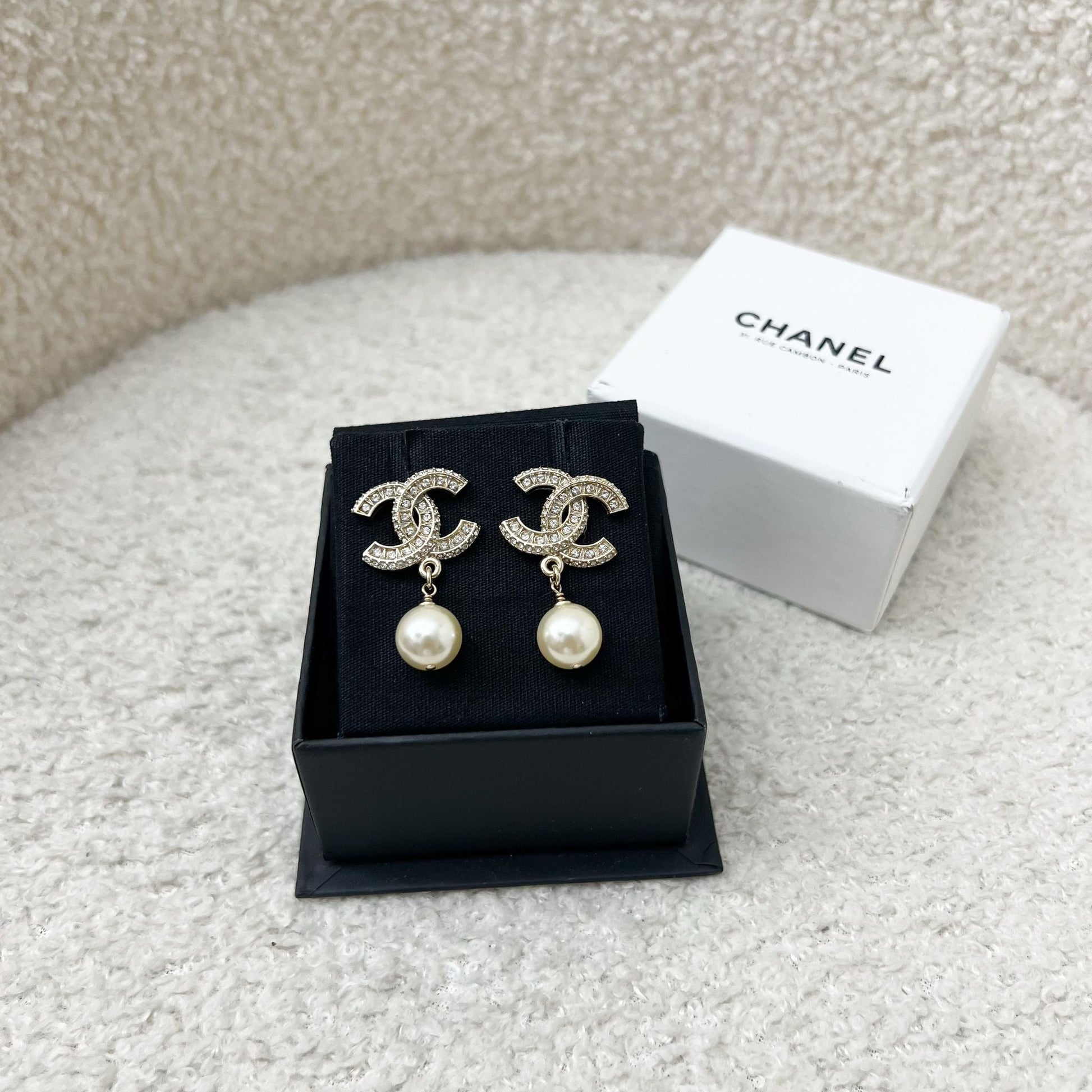 Chanel Classic CC Logo Dangling Earrings with Crystals and Pearls Lghw
