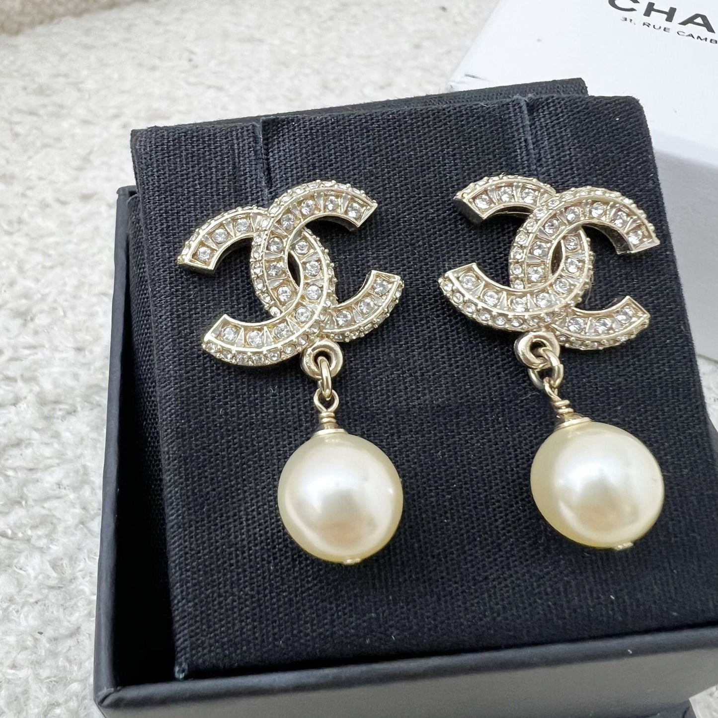 Chanel Classic CC Logo Dangling Earrings with Crystals and Pearls Lghw