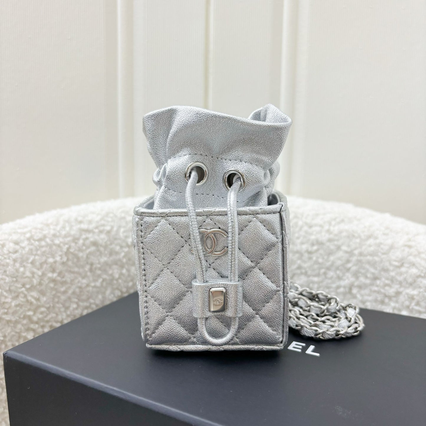Chanel Vip Gift Micro Box Bag In Metallic Silver Lambskin And Shw
