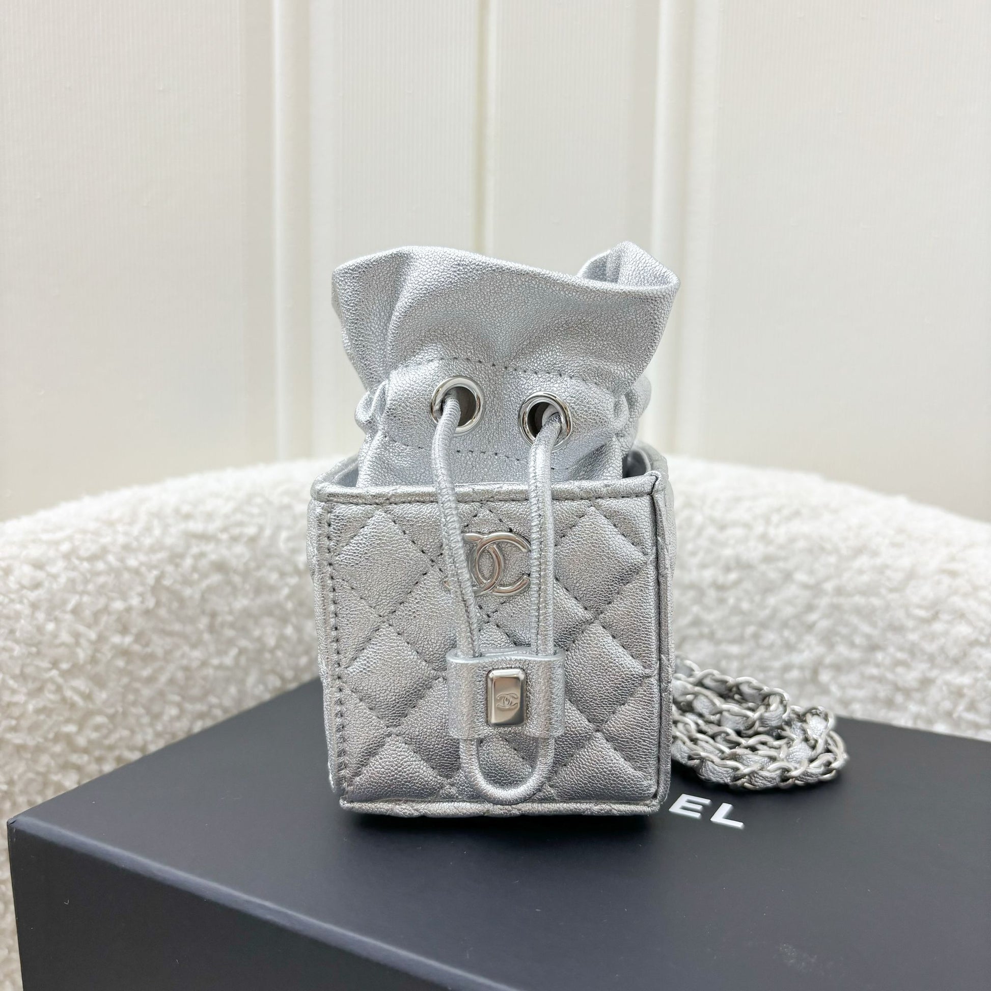Chanel Vip Gift 2021 Micro Box Bag in Metallic Silver Lambskin and Shw