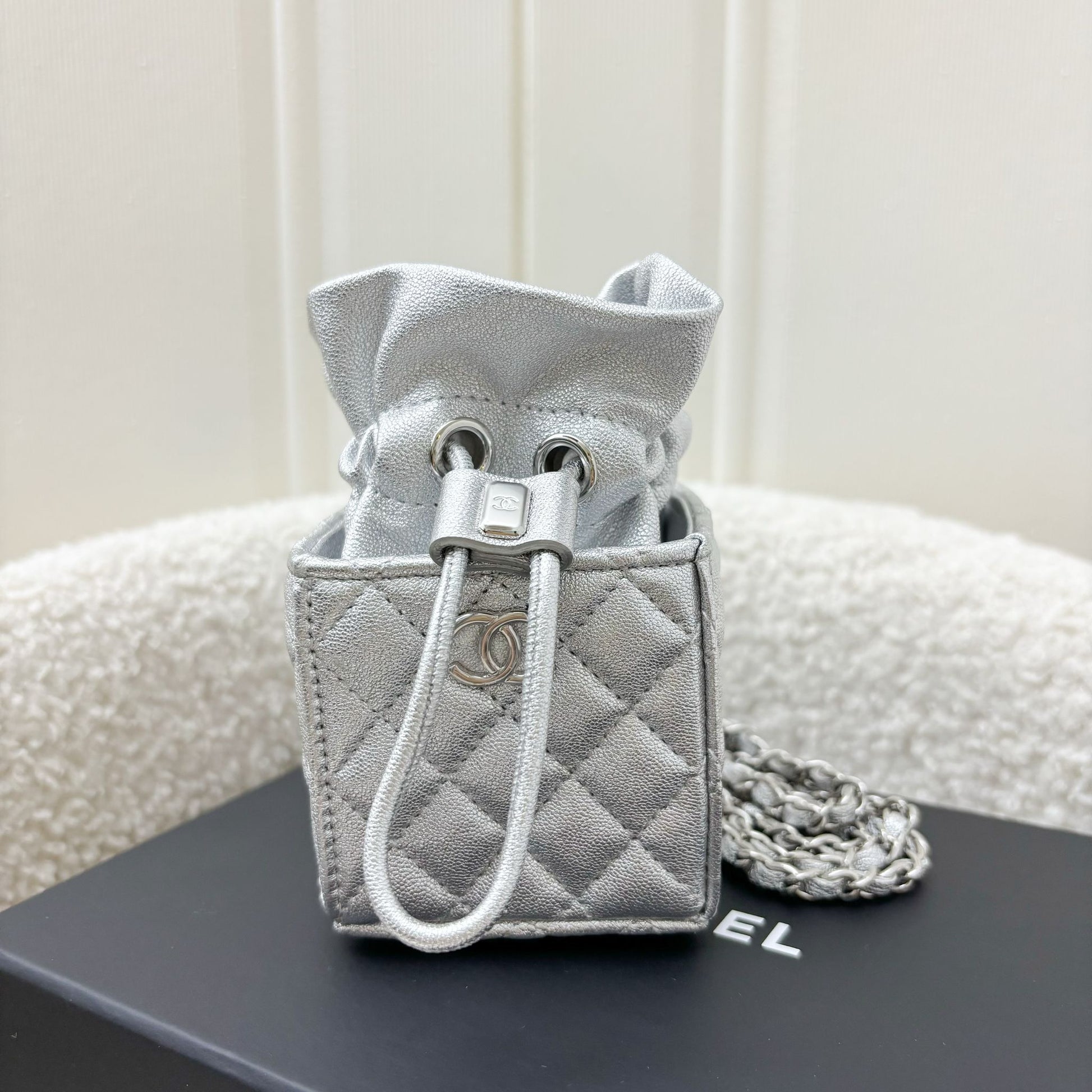 Chanel Vip Gift 2021 Micro Box Bag in Metallic Silver Lambskin and Shw