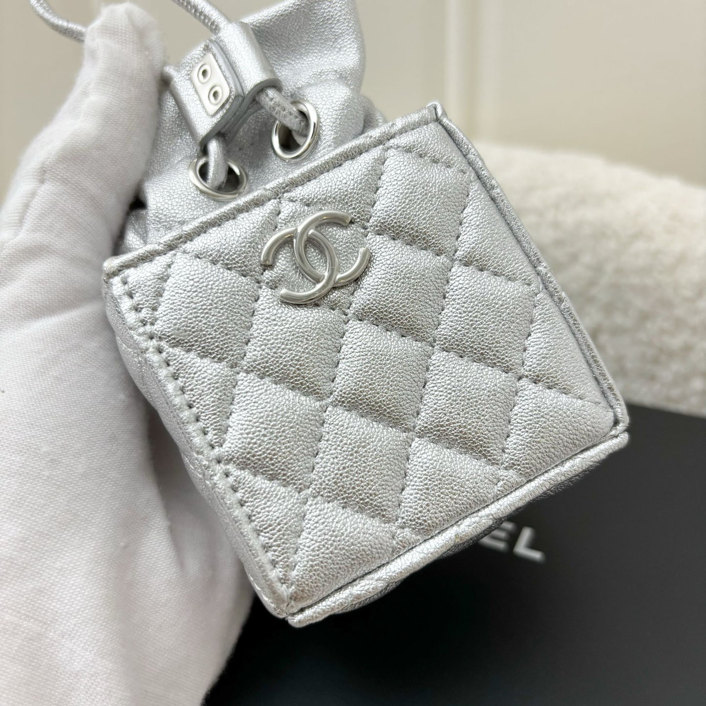 Chanel Vip Gift 2021 Micro Box Bag in Metallic Silver Lambskin and Shw