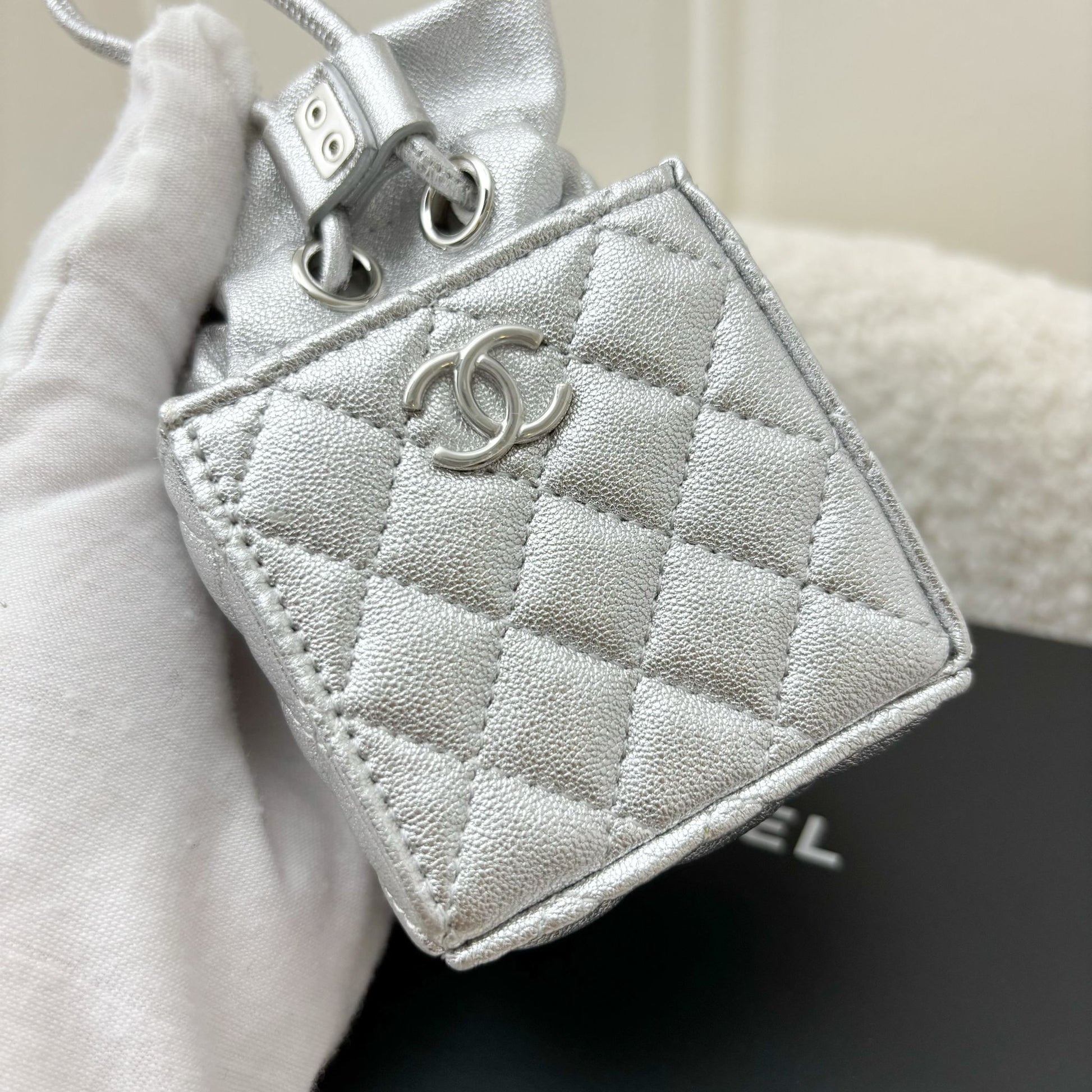 Chanel Vip Gift 2021 Micro Box Bag in Metallic Silver Lambskin and Shw