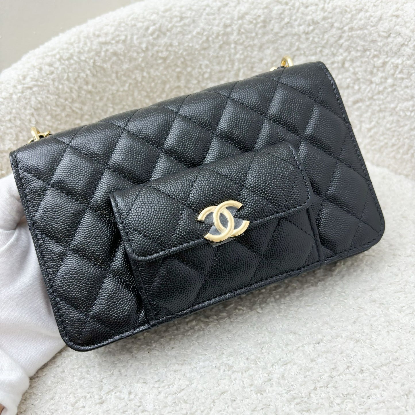 Chanel 22A Seasonal Wallet On Chain Woc In Black Caviar And Ghw Bag