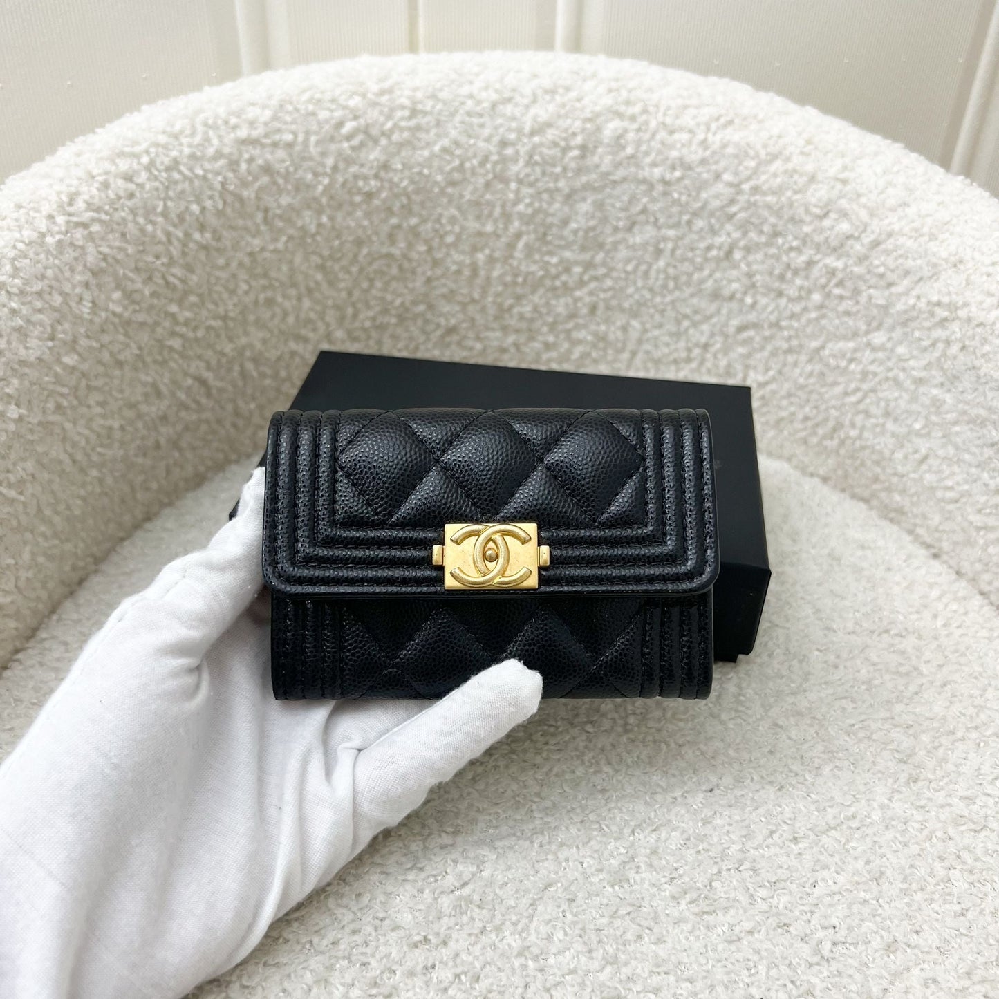 Chanel Boy Snap Card Holder in Black Caviar and Lghw Handbag