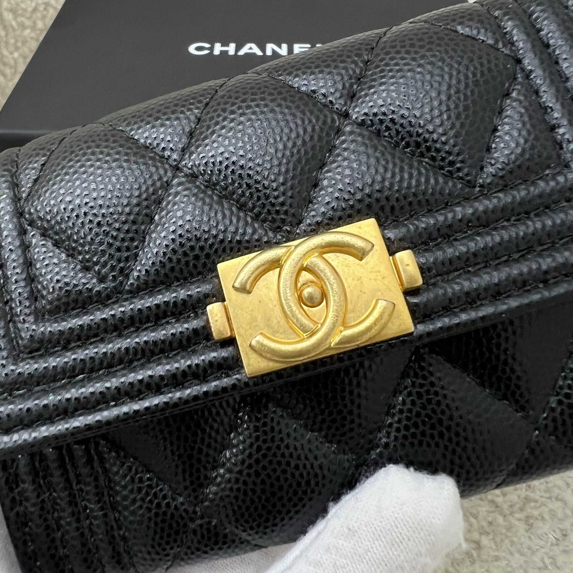 Chanel Boy Snap Card Holder in Black Caviar and Lghw Handbag