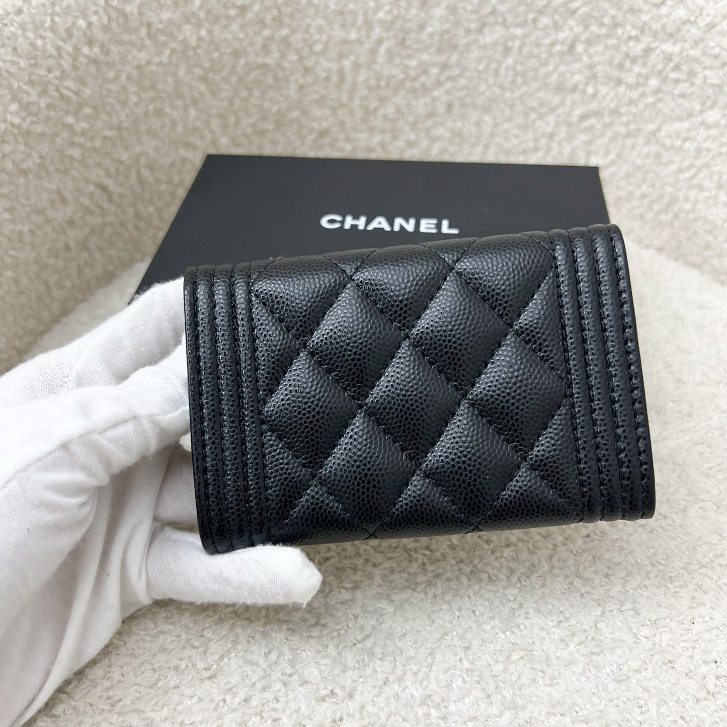Chanel Boy Snap Card Holder in Black Caviar and Lghw Handbag