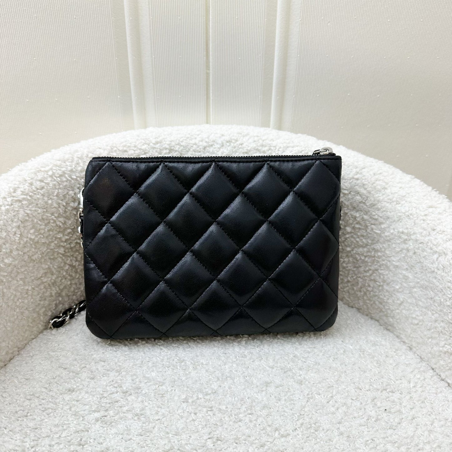 Chanel 14P Mini Crossbody Flap Bag With Zip Compartment In Black Lambskin And Shw