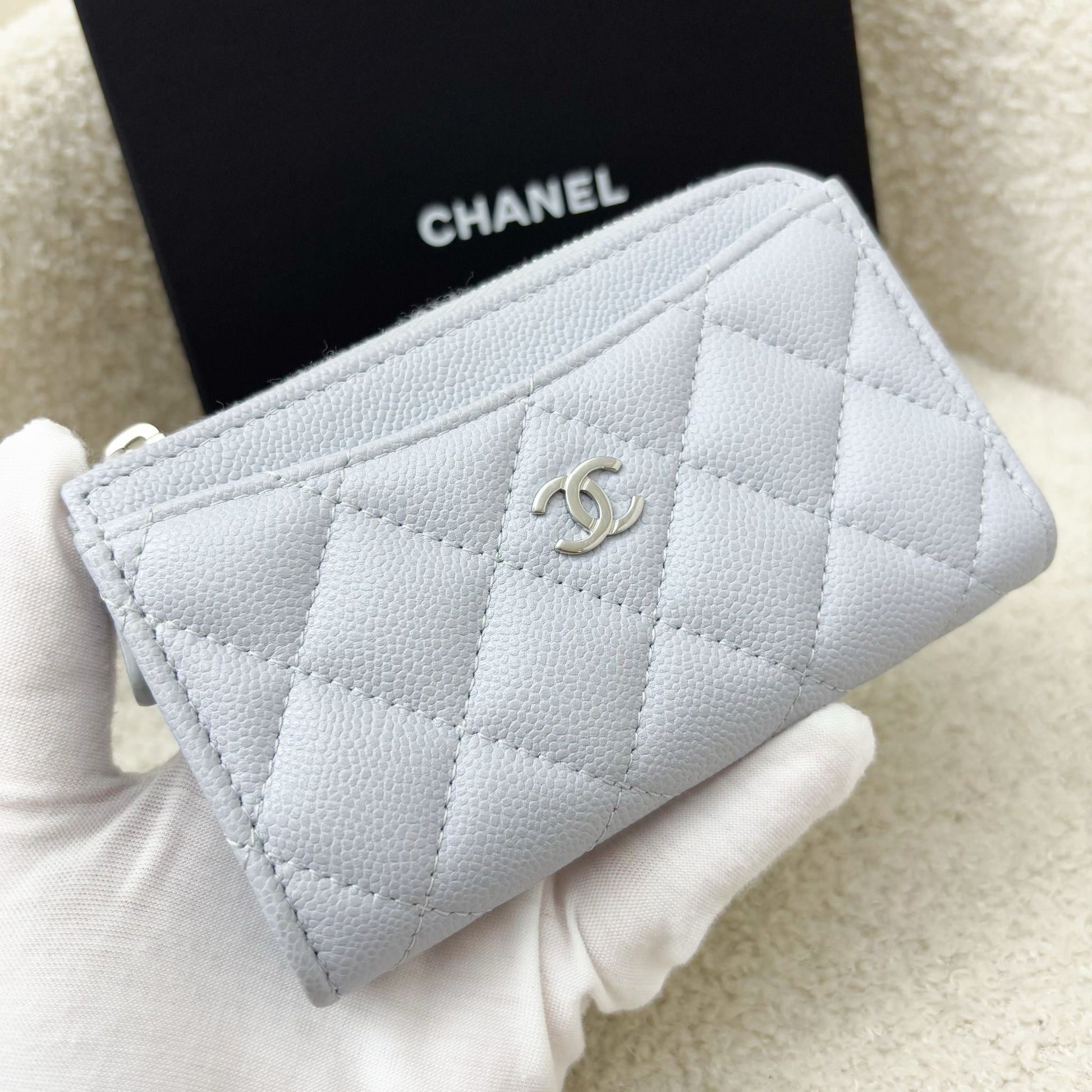 Chanel Zipped Card Holder with Coin Compartment in Light Blue Caviar and Shw Handbag