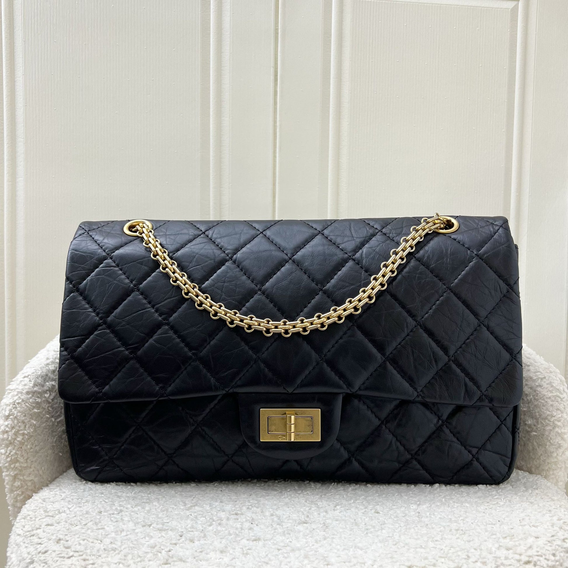 Chanel 2.55 Reissue 227 Flap in Black Distressed Calfskin and Ghw Handbag