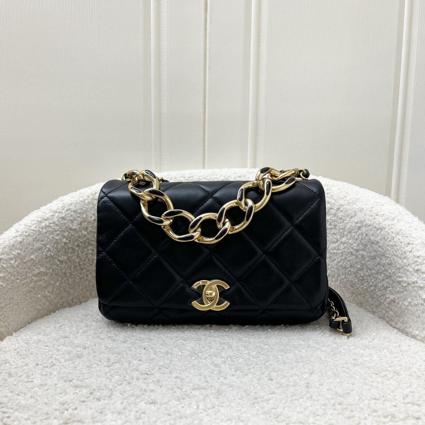 Chanel 22A Mini Flap Bag with Chain in Black Lambskin and Aghw