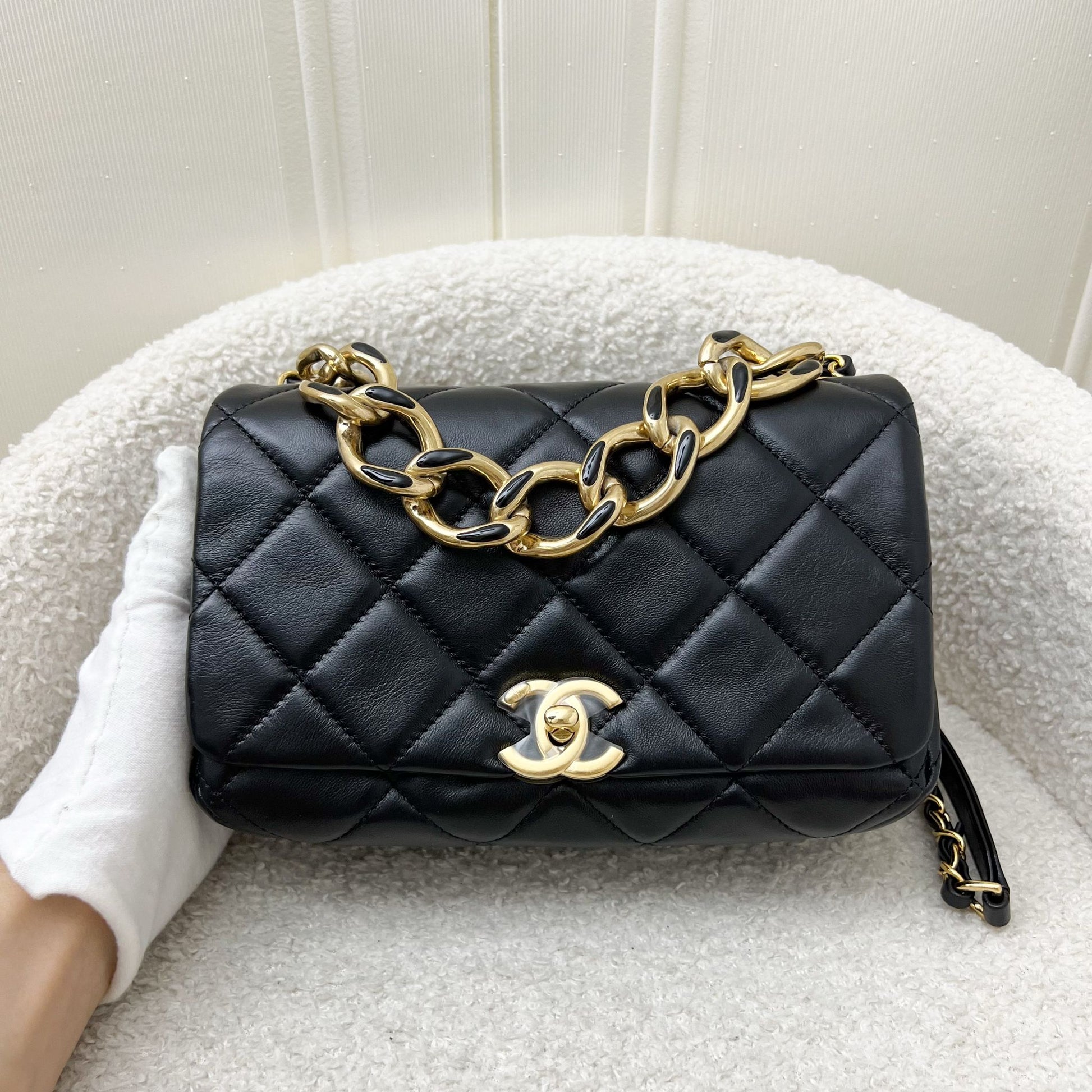 Chanel 22A Mini Flap Bag with Chain in Black Lambskin and Aghw