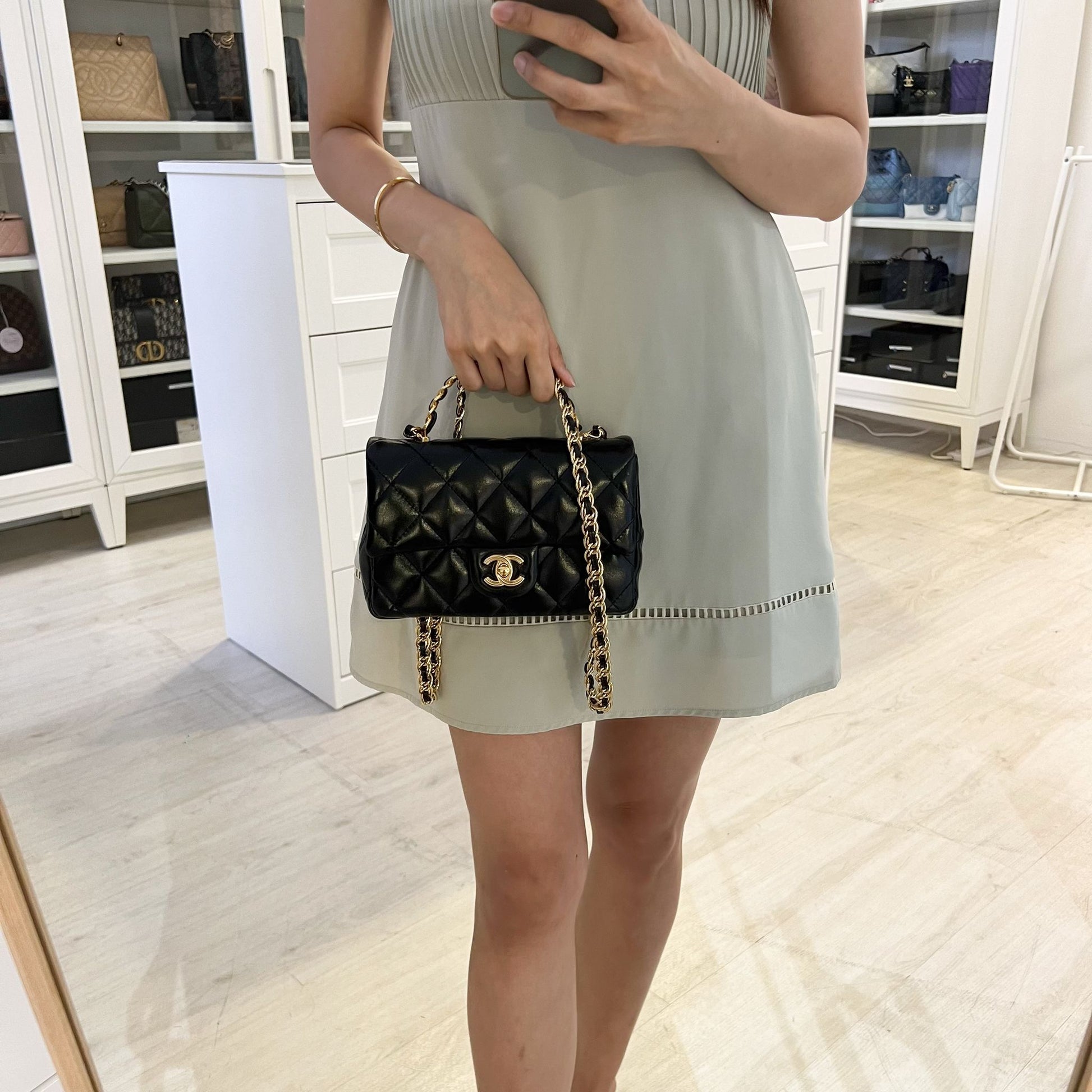 Chanel 23S Top Handle Small Mini 21Cm Flap In Black Lambskin And Shiny Ghw Bag