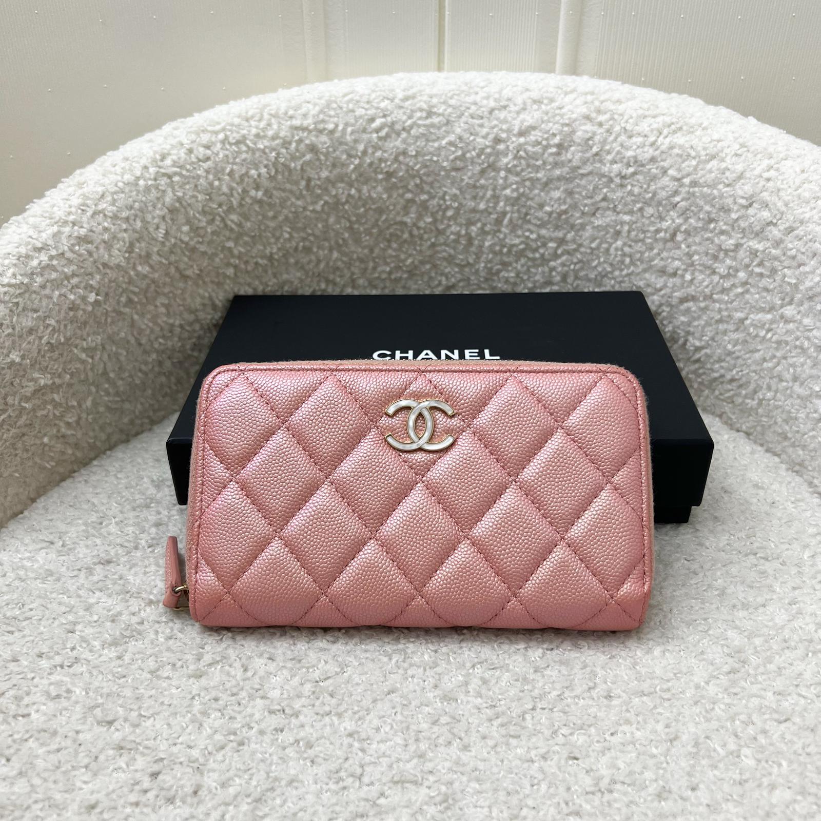 Chanel Medium Mid-Length Wallet In 19S Iridescent Pink Caviar And Mop Logo Bag