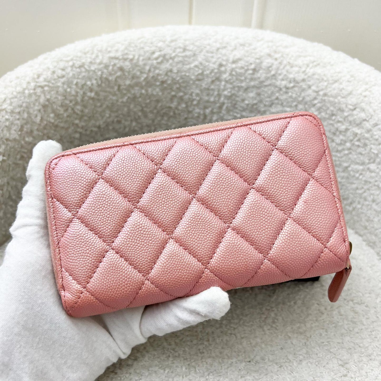Chanel Medium Mid Length Wallet in 19S Iridescent Pink Caviar and Mop Logo Handbag