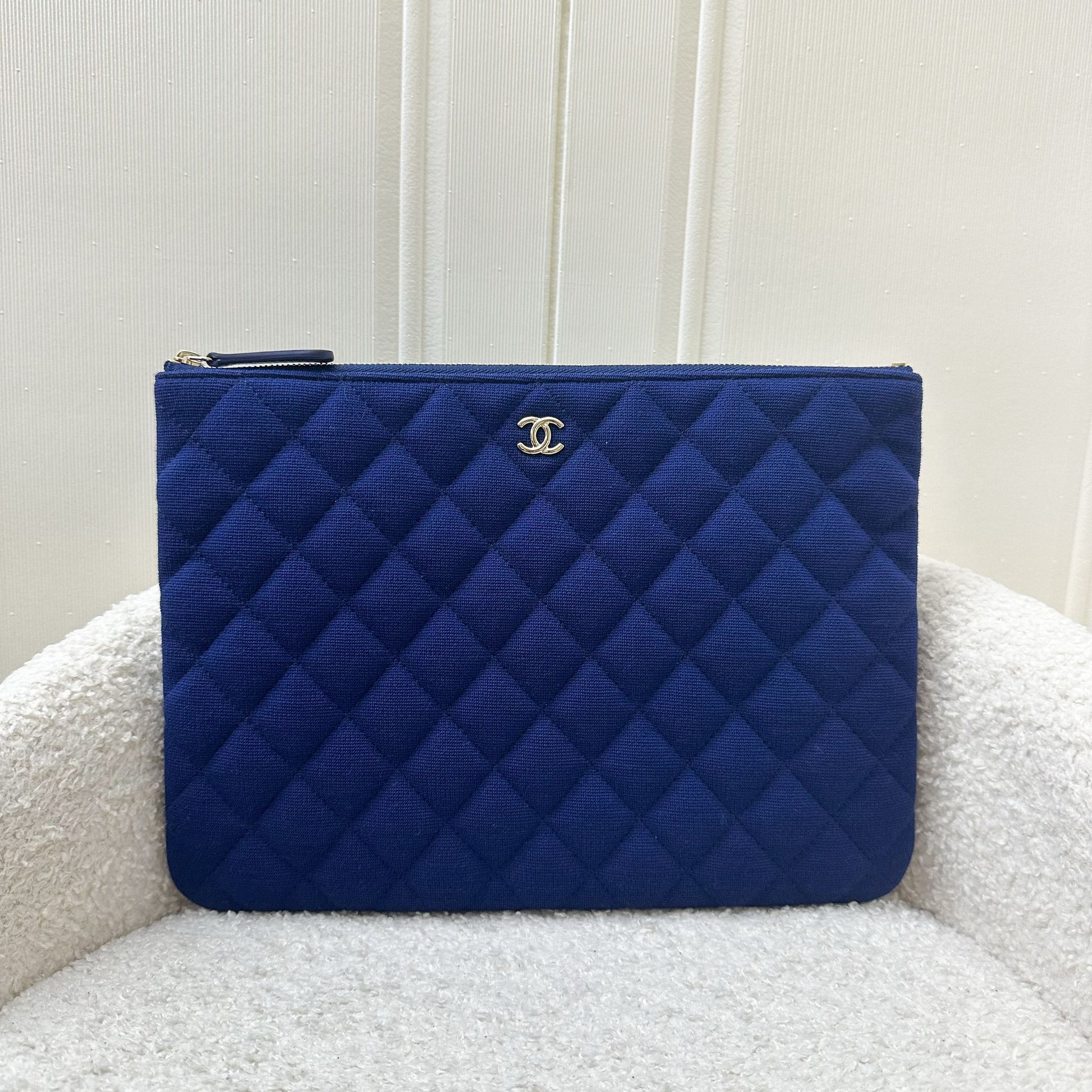 Chanel Classic Medium O-Case In Blue Jersey Ghw Bag