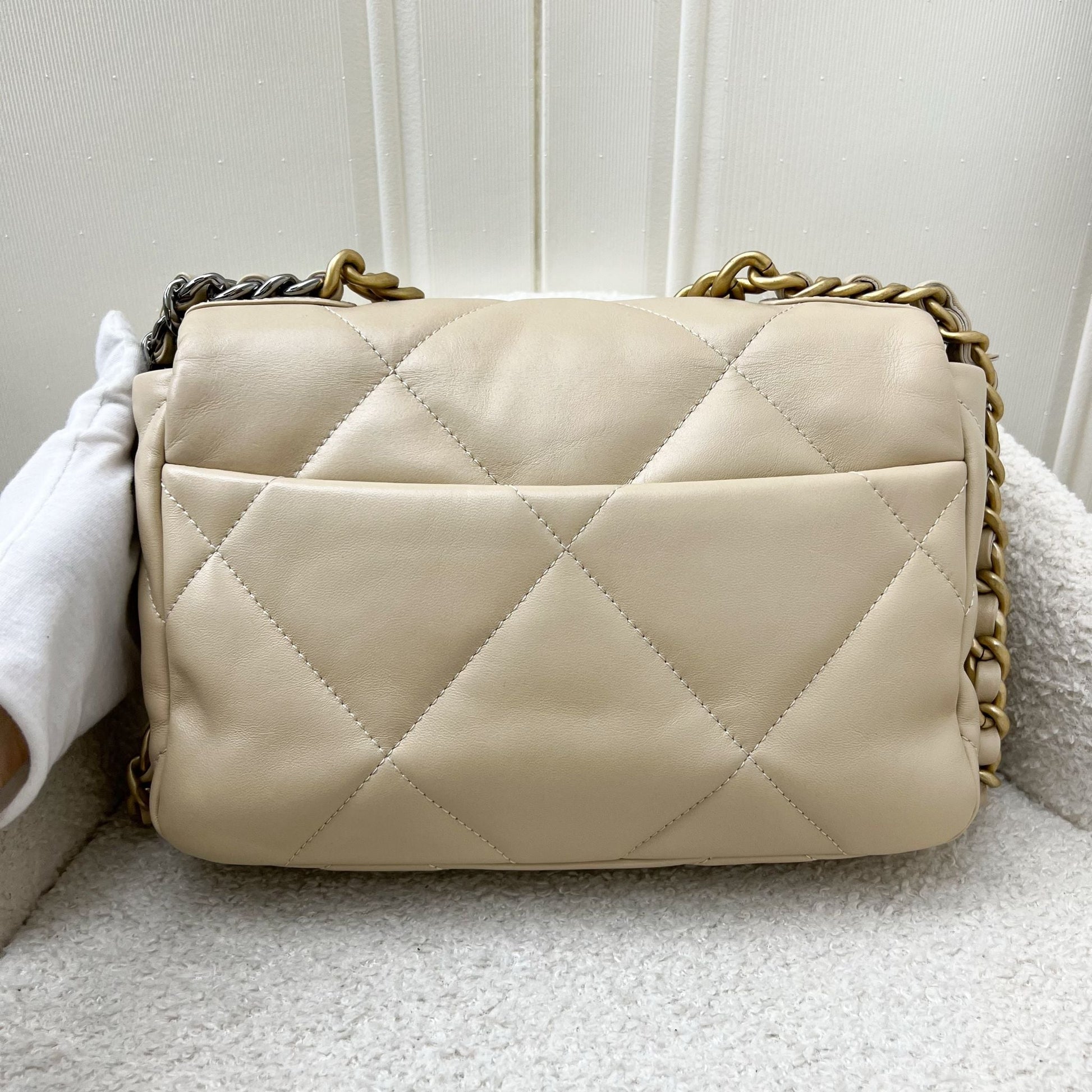 Chanel 19 Small Flap In Beige Lambskin And 3-Tone Hardware Bag
