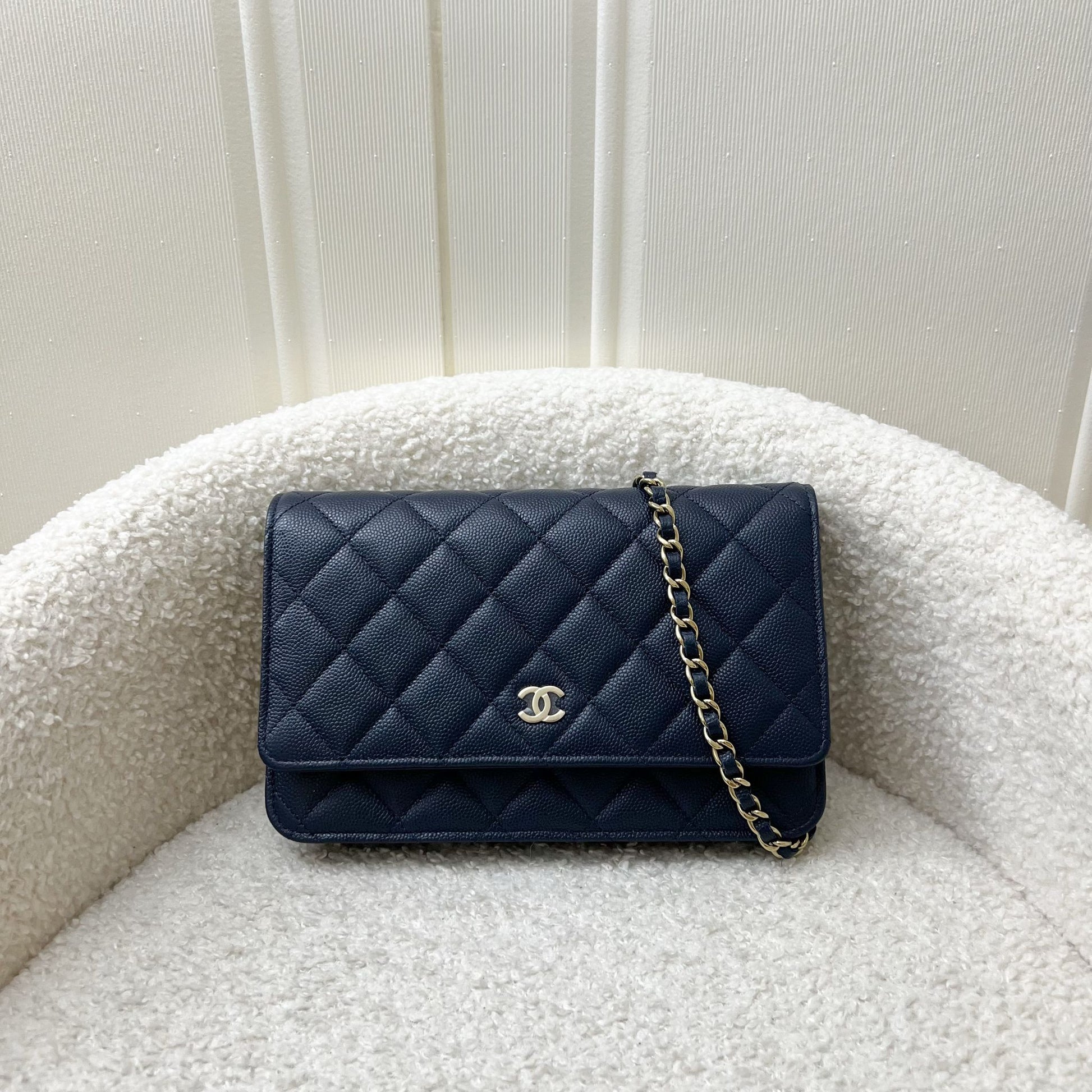 Chanel Classic Wallet On Chain Woc In Navy Blue Caviar And Lghw Bag