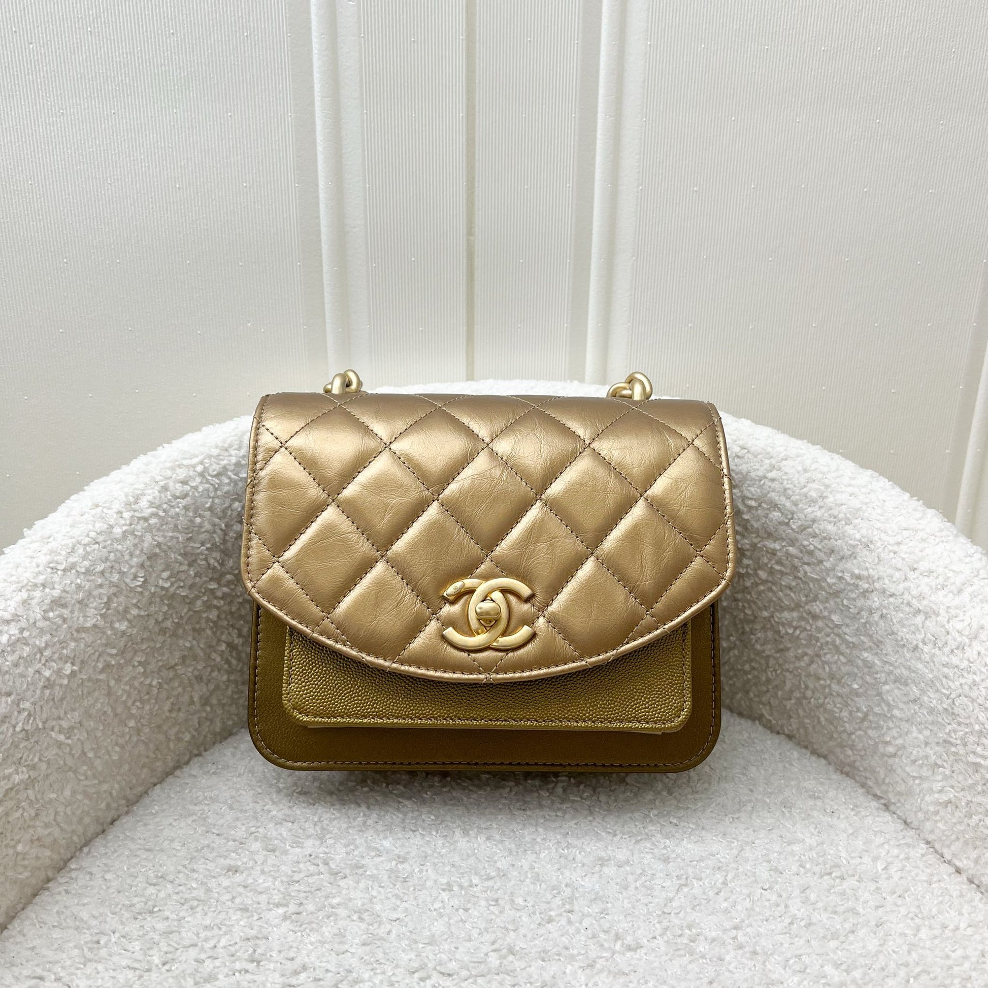 Chanel Seasonal Flap Bag in Gold Shiny Calfskin/caviar and Aghw