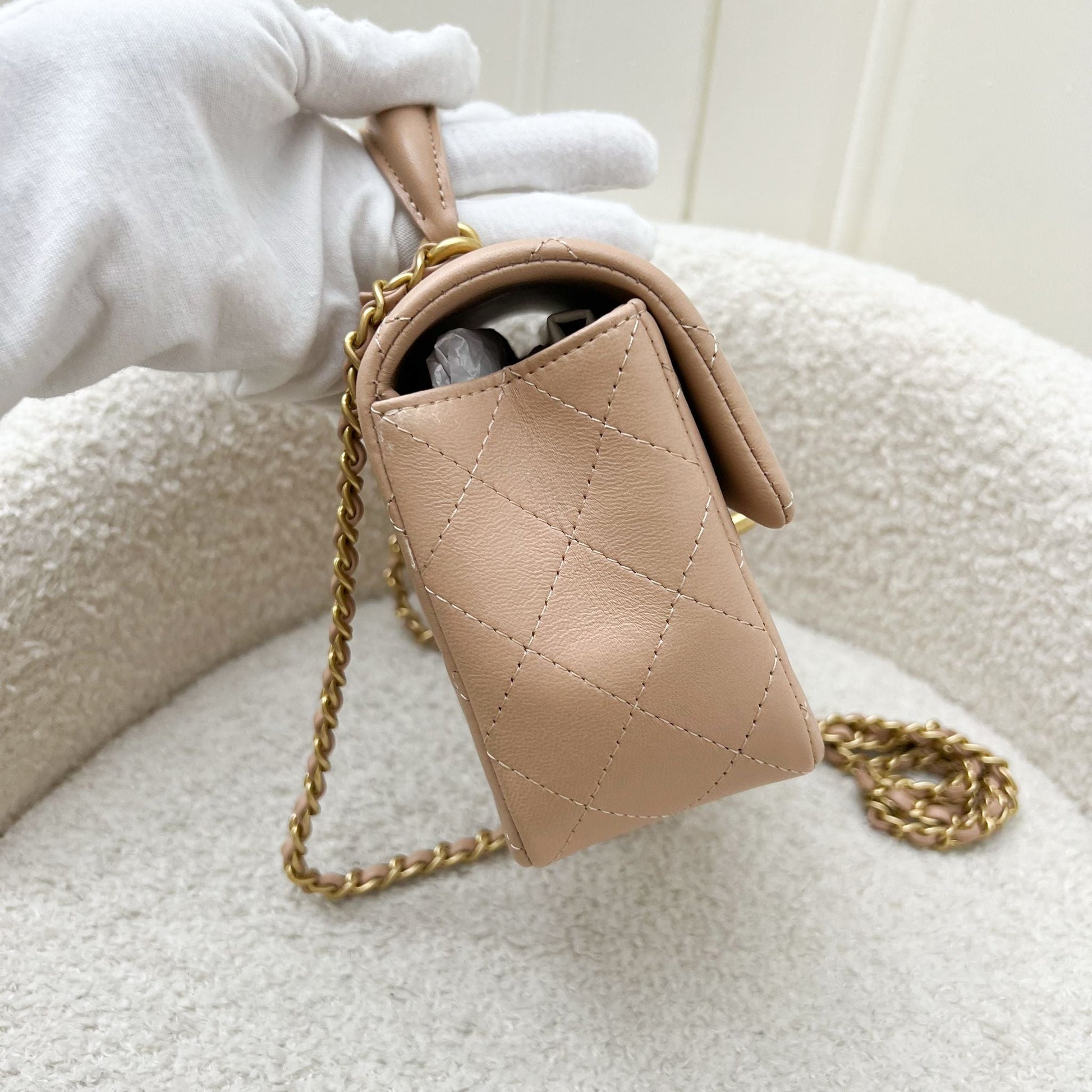 Chanel Top Handle Mini Rectangle Flap in 21A Rose Beige Lambskin in Aghw Handbag