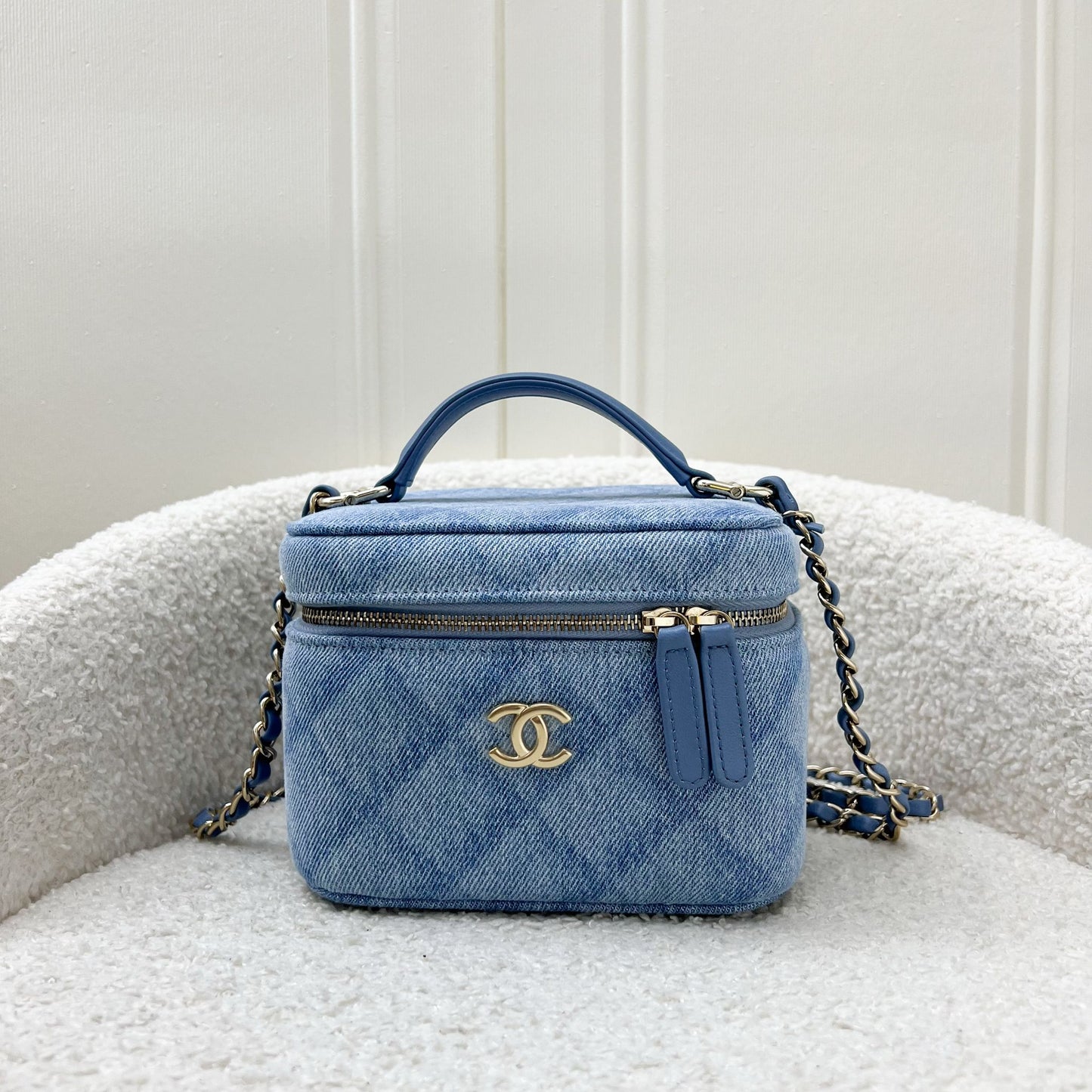 Chanel 22B Cheer for Chanel Vanity Case with Top Handle in Light Blue Denim Fabric and Aghw Handbag