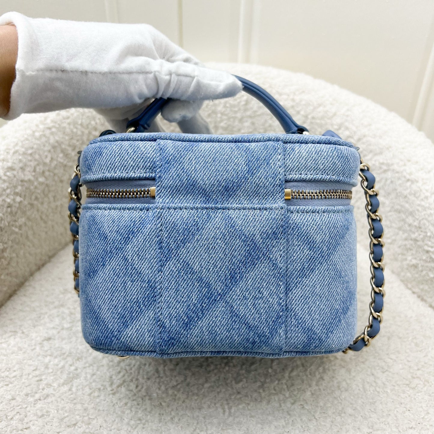 Chanel 22B Cheer For Chanel Vanity Case With Top Handle In Light Blue Denim Fabric And Aghw Bag