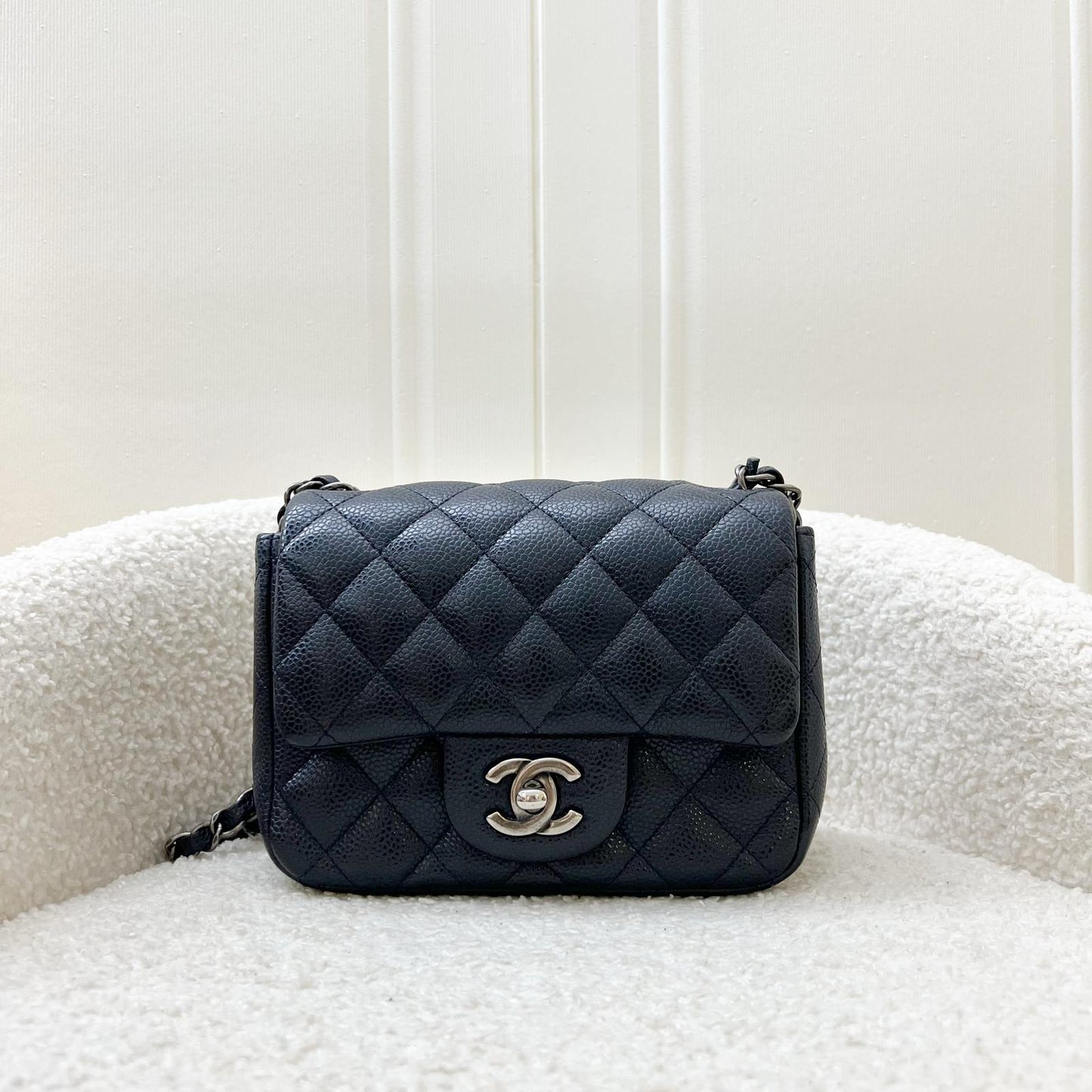 Chanel Classic Mini Square Flap In Navy Blue (Almost Black) Caviar And Rhw Bag