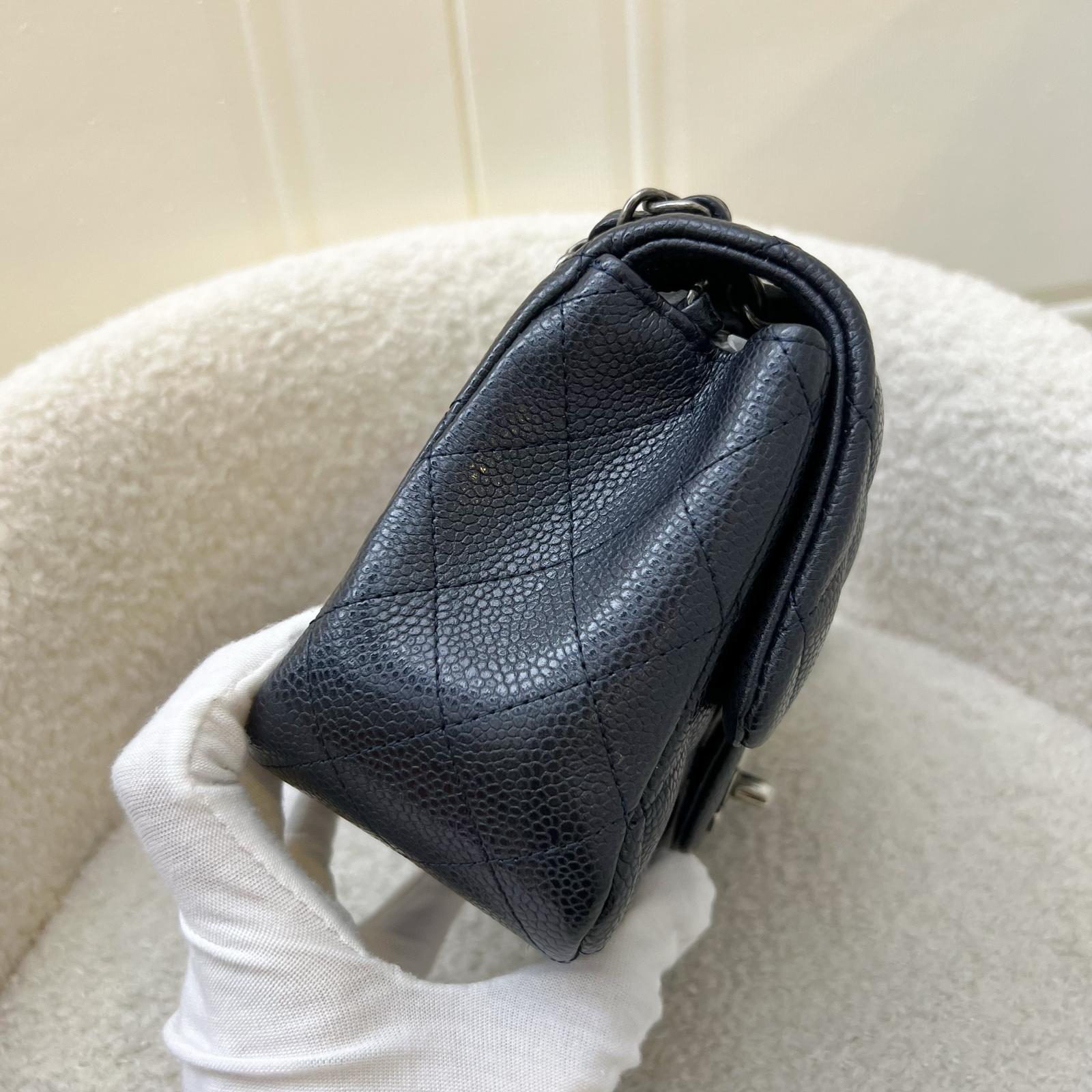 Chanel Classic Mini Square Flap In Navy Blue (Almost Black) Caviar And Rhw Bag