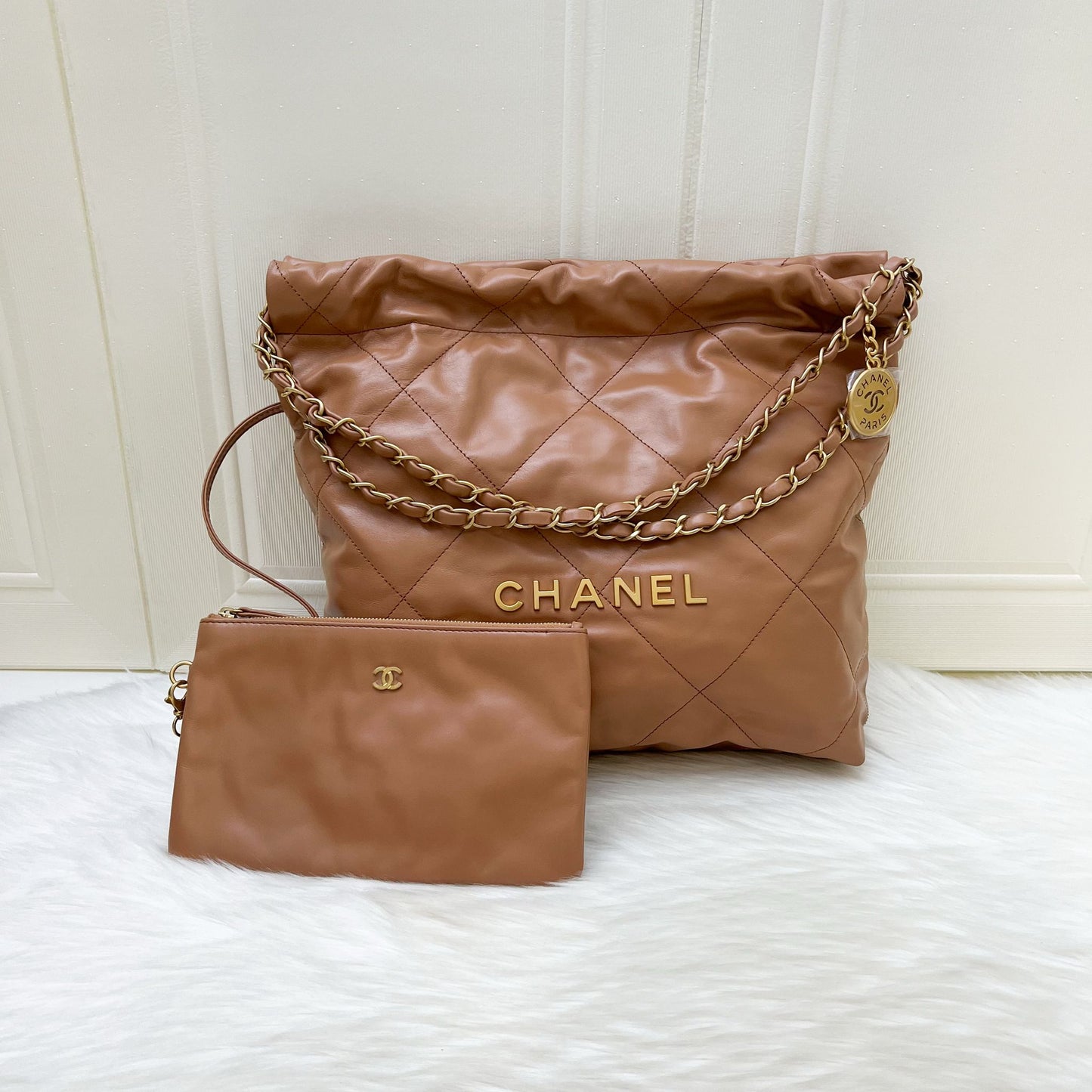 Chanel 22 Small Hobo Handbag in Caramel Calfskin and Aghw