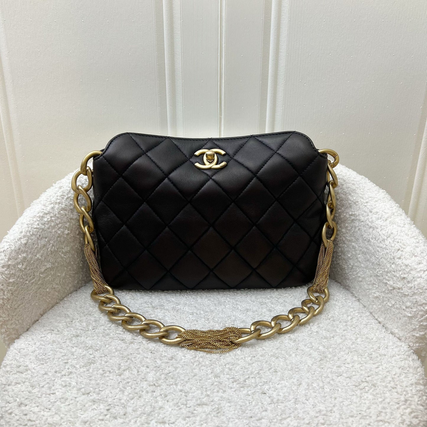 Chanel 23A Hobo Shoulder Bag in Black Lambskin and Aghw