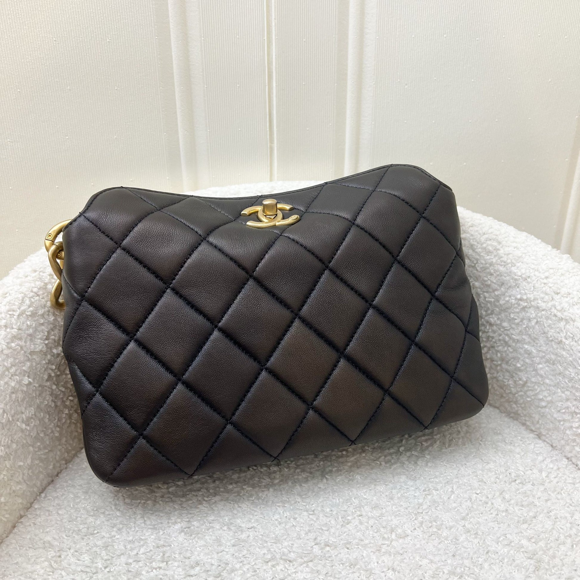 Chanel 23A Hobo Shoulder Bag in Black Lambskin and Aghw