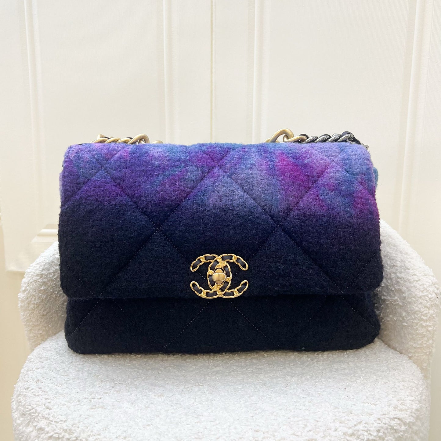 Chanel 19 Medium 30CM Flap in Ombre Tweed and 3 Tone Hardware Handbag