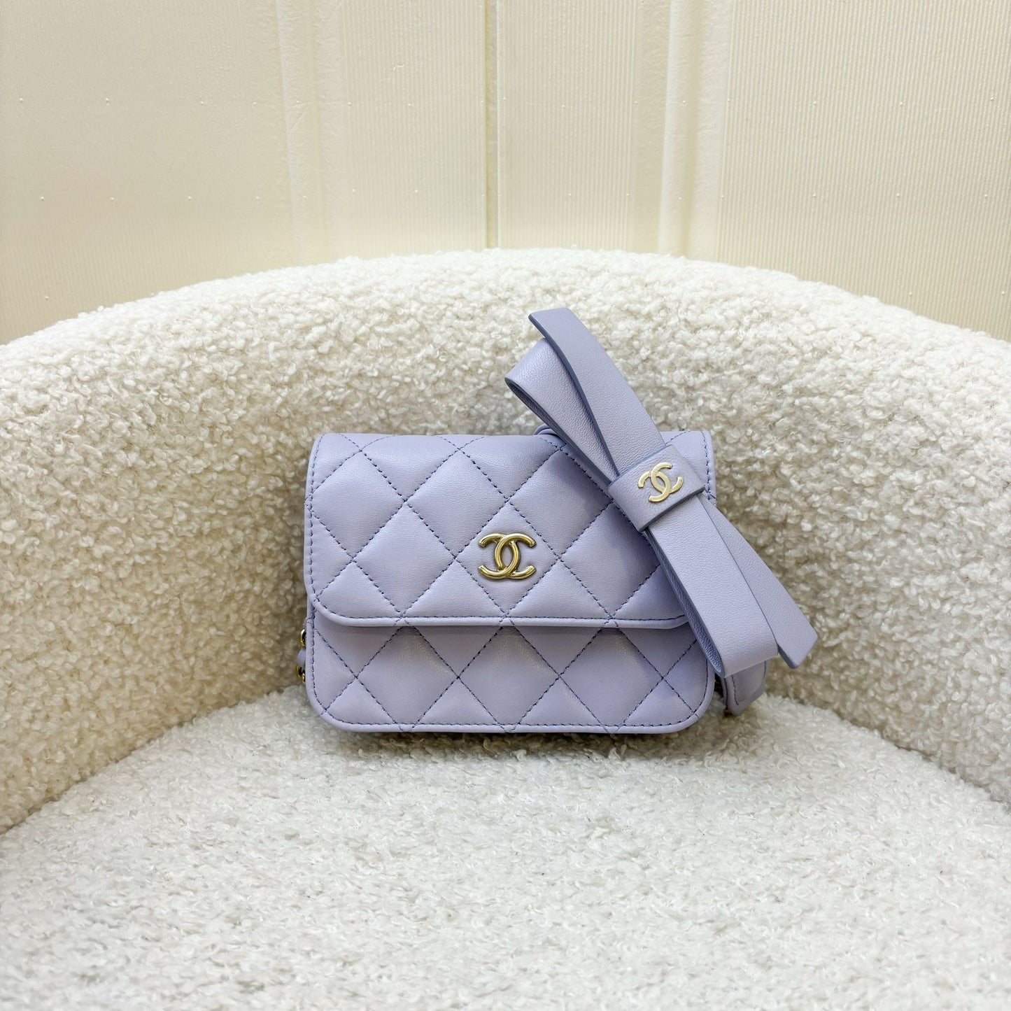 Chanel 21K Ribbon Micro Flap Bag in Lilac Lambskin and Aghw