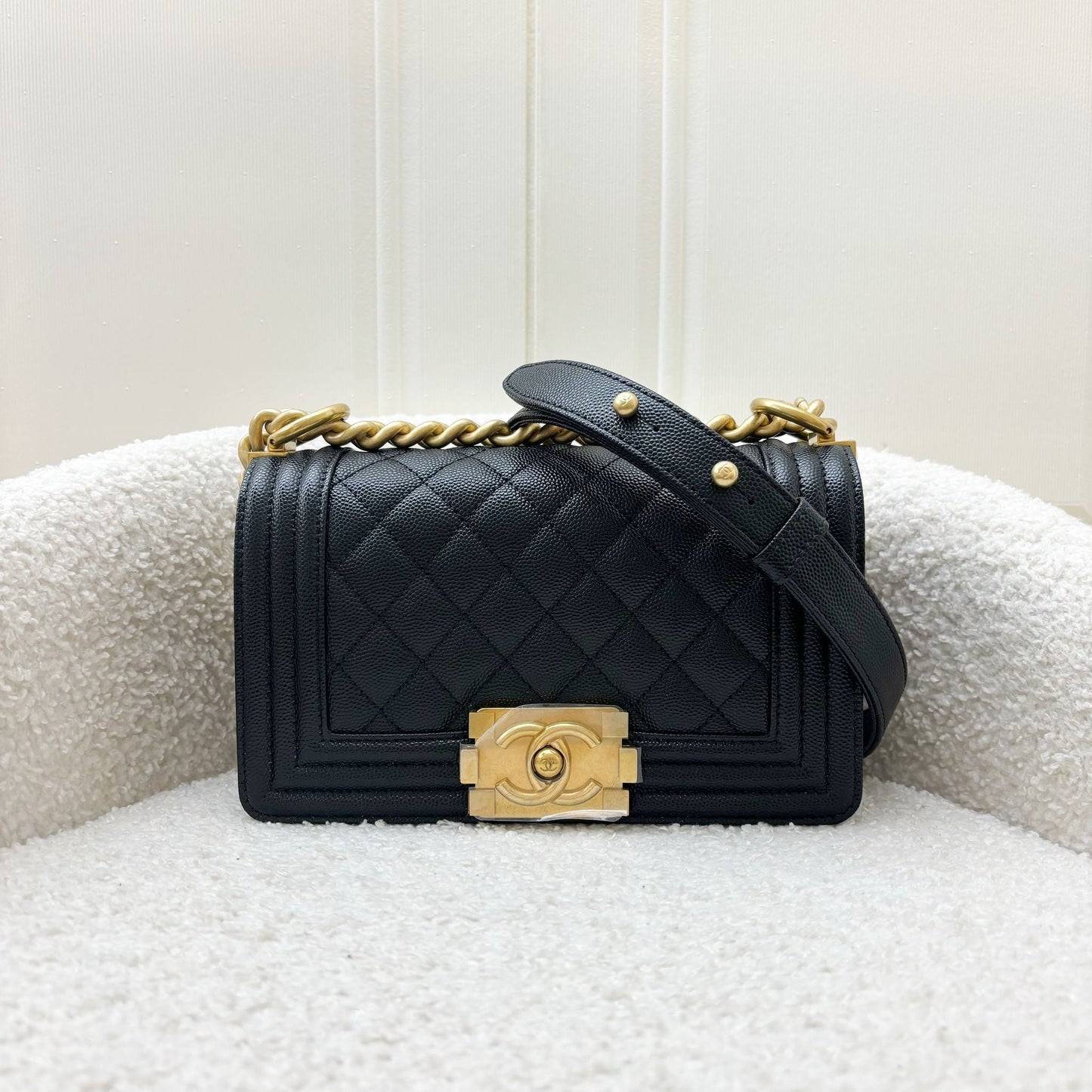 Chanel Small 20CM Boy Flap in Black Caviar and Aghw Handbag