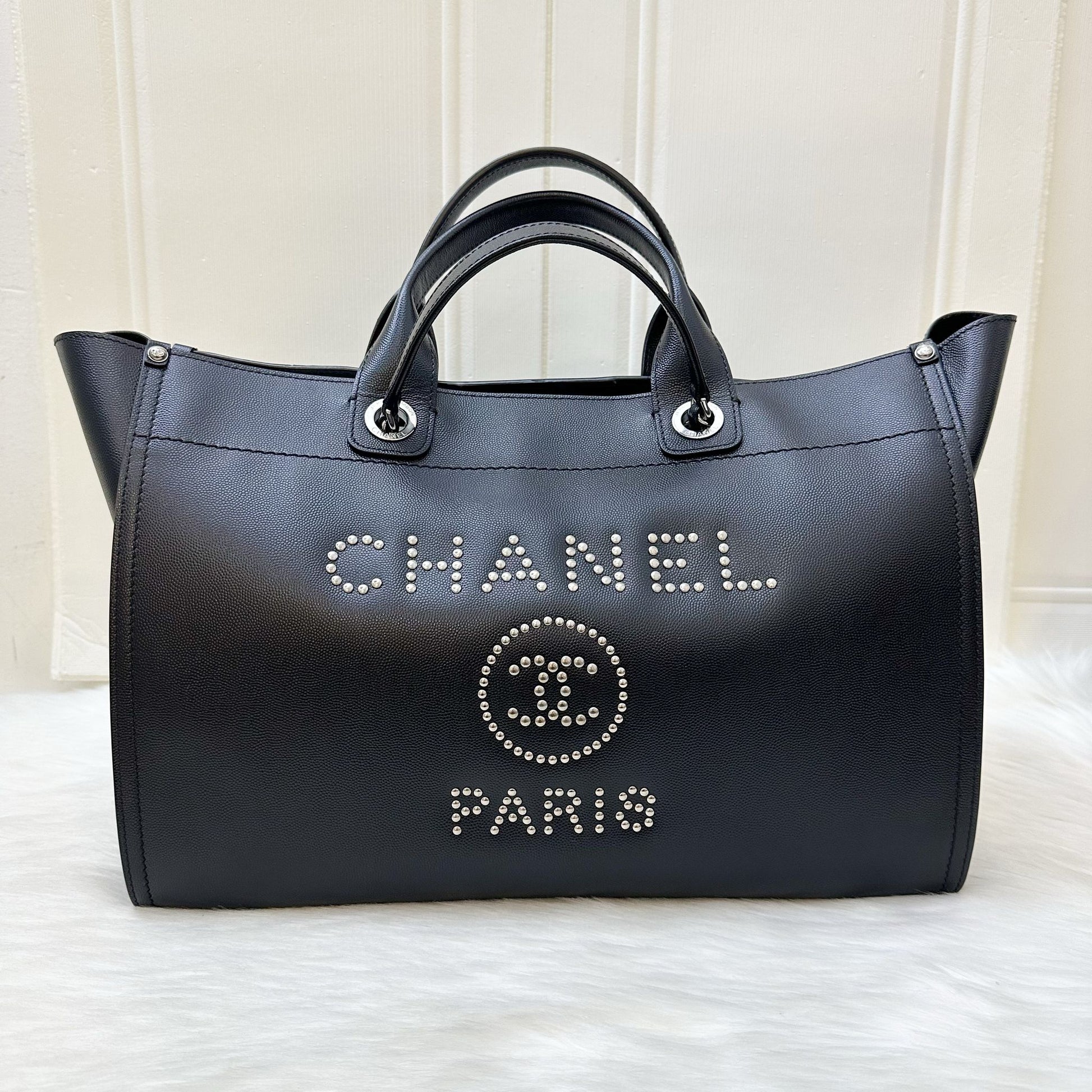 Chanel Medium / Large Deauville Tote in Black Caviar and Shw