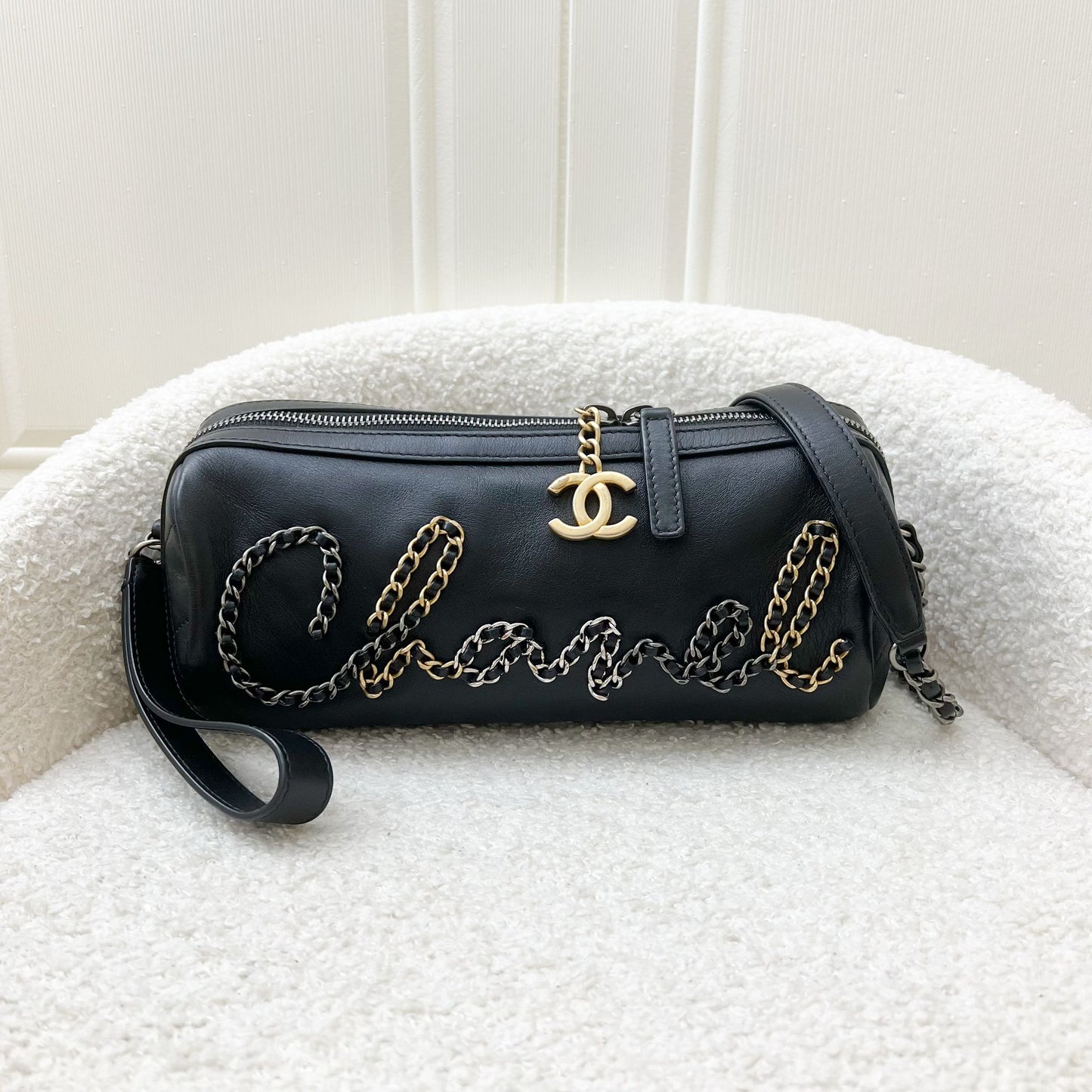 Chanel Seasonal Round Bowling Bag in Black Calfskin and Ph and Aged Ghw