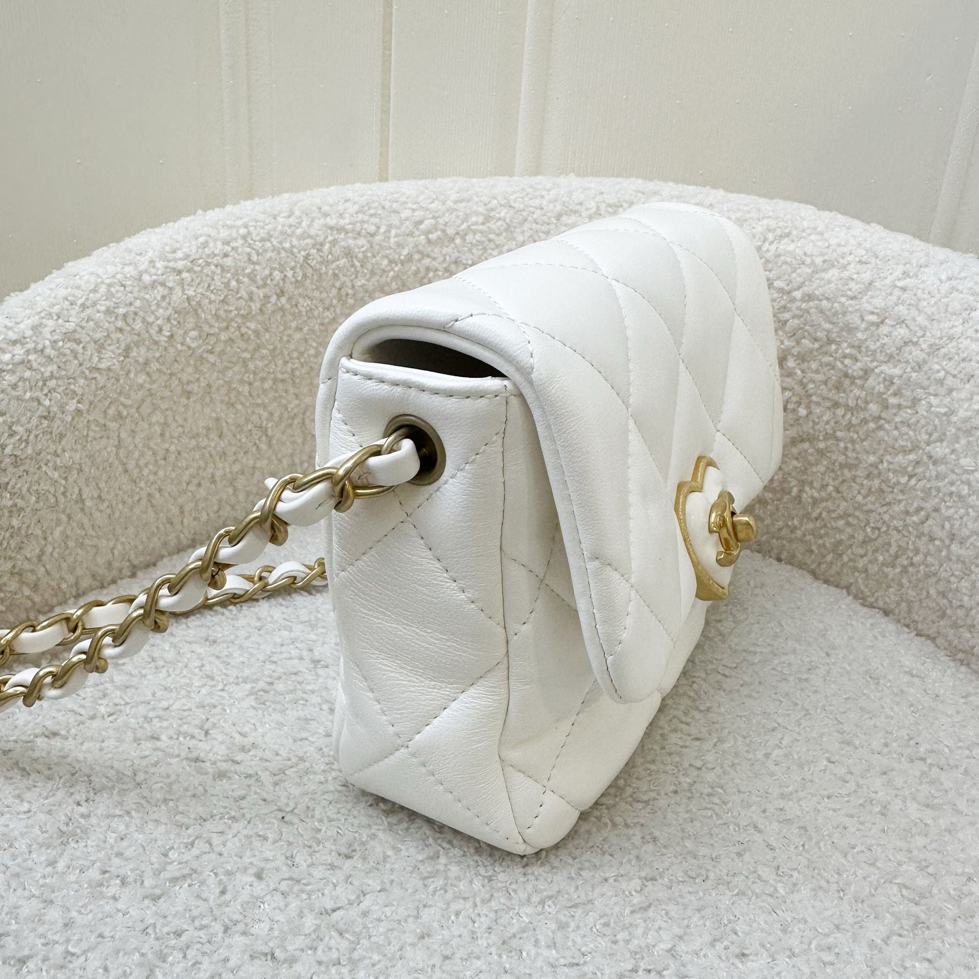 Chanel 23S Heart Clasp Mini Flap In White Lambskin And Aghw Bag