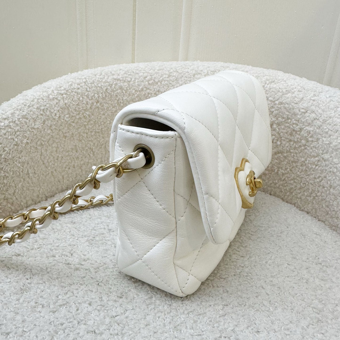 Chanel 23S Heart Clasp Mini Flap in White Lambskin and Aghw Handbag