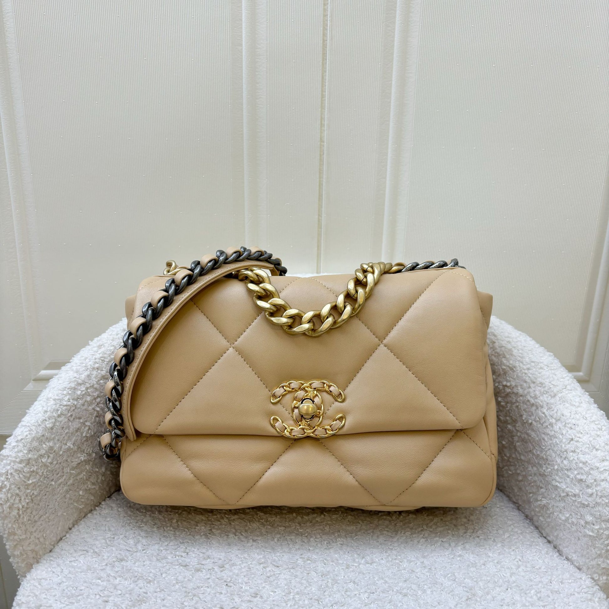 Chanel 19 Small Flap In 22C Beige Lambskin And 3-Tone Hardware Bag