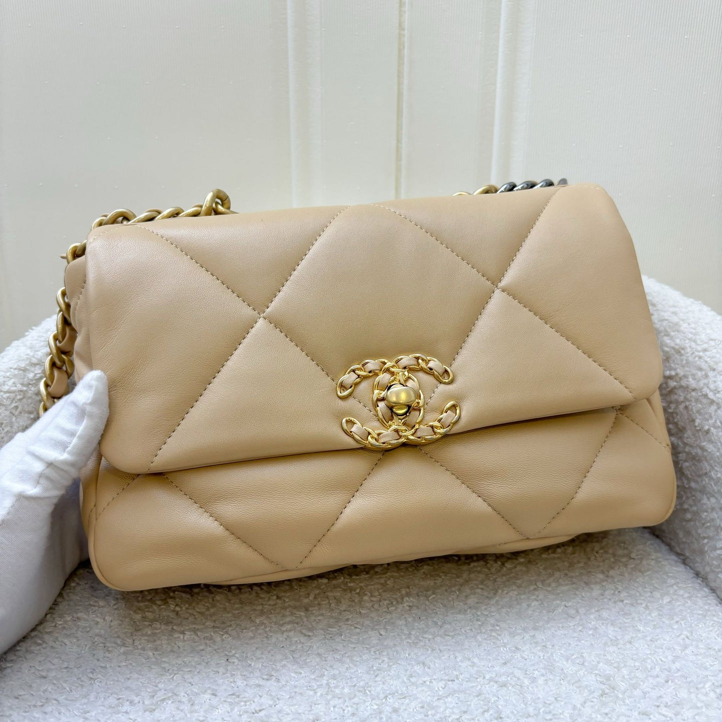 Chanel 19 Small Flap in 22C Beige Lambskin and 3 Tone Hardware Handbag