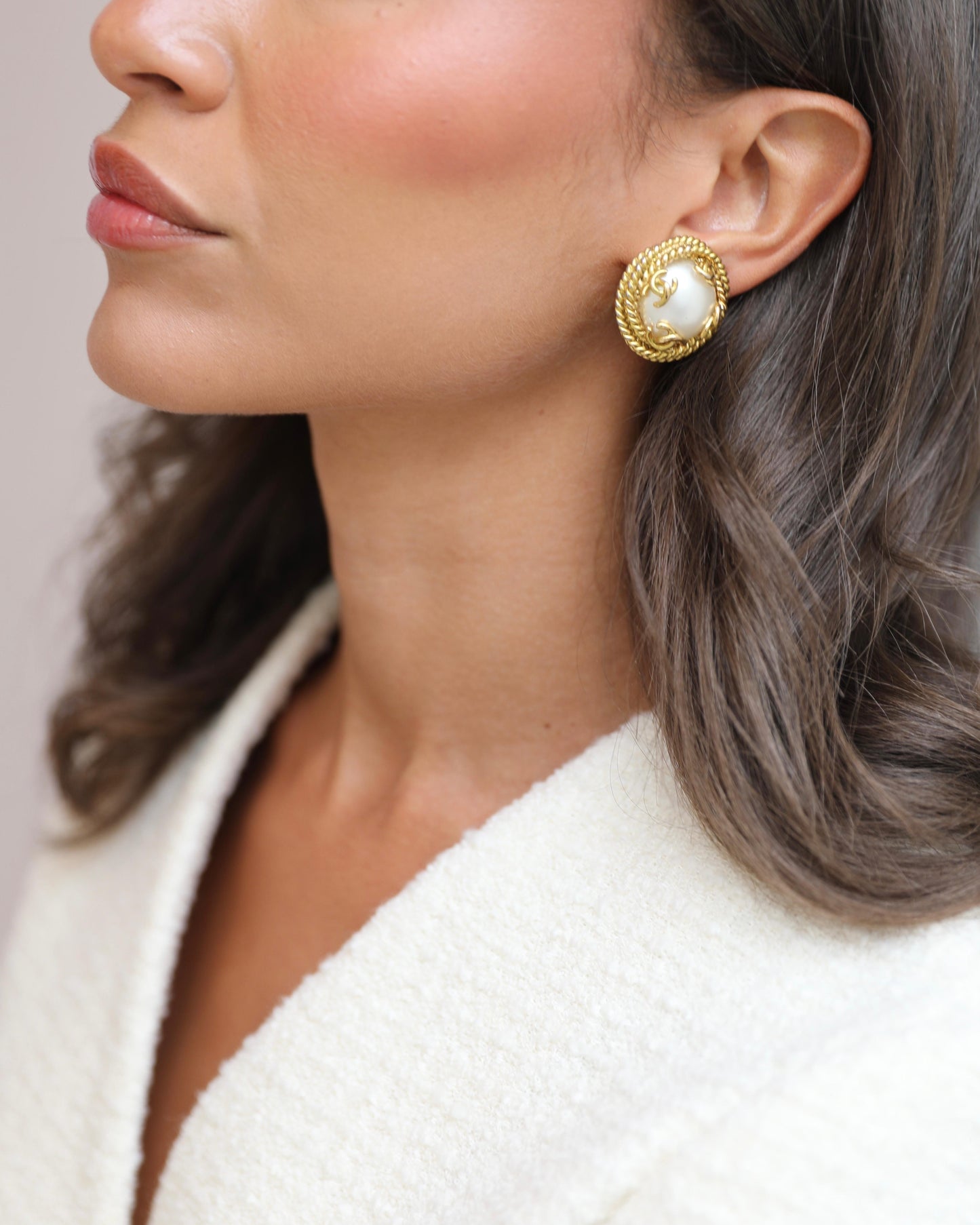 Chanel   95A Gold and Pearl Round CC Logo Textured Earrings